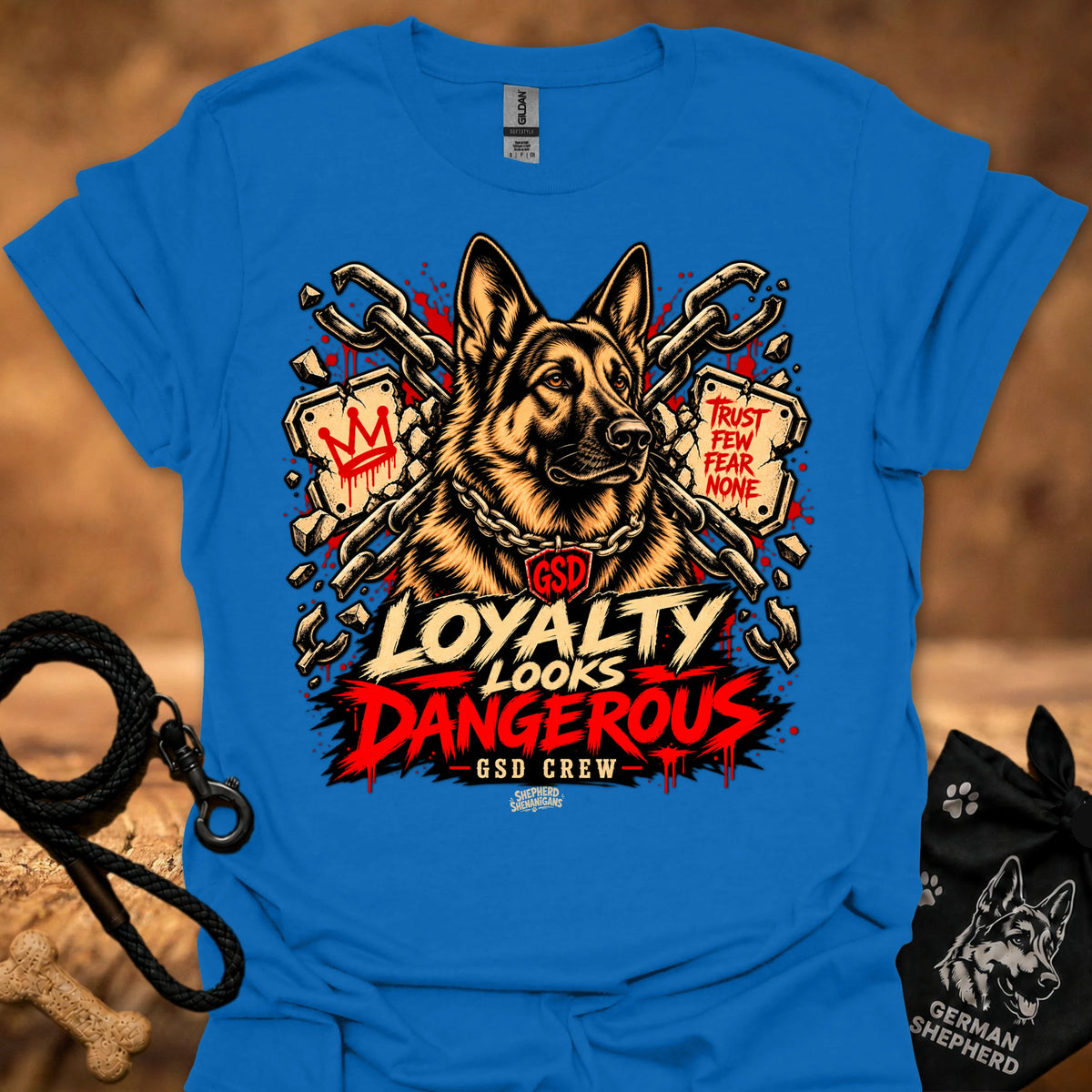 Royal blue graphic t-shirt with German shepherd and 'LOYALTY LOOKS DANGEROUS' print