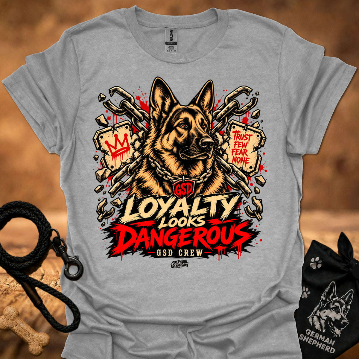 Heather gray graphic t-shirt with German shepherd and 'LOYALTY LOOKS DANGEROUS' print