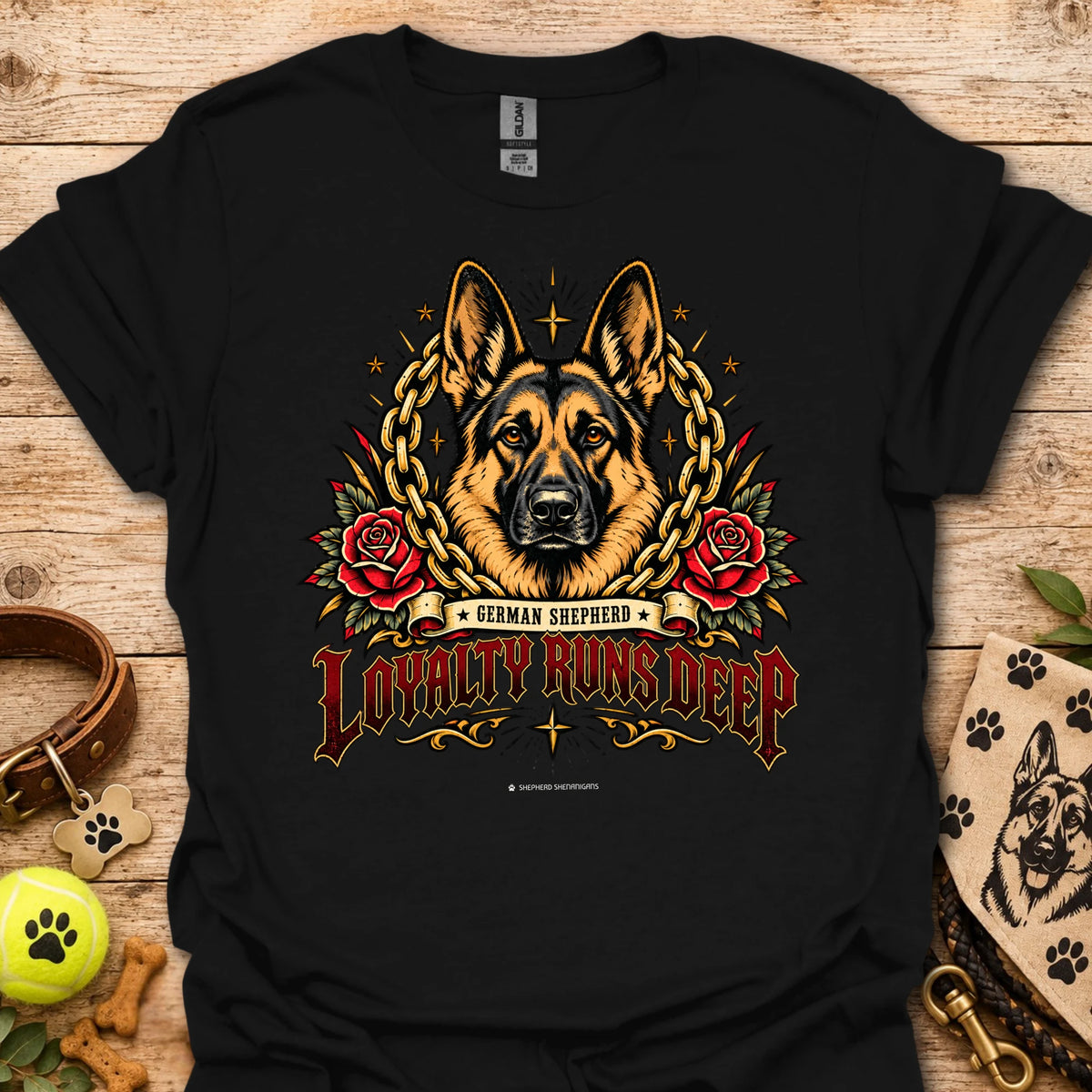 Black crewneck t-shirt with German shepherd, roses and chain graphic, Loyalty Runs Deep