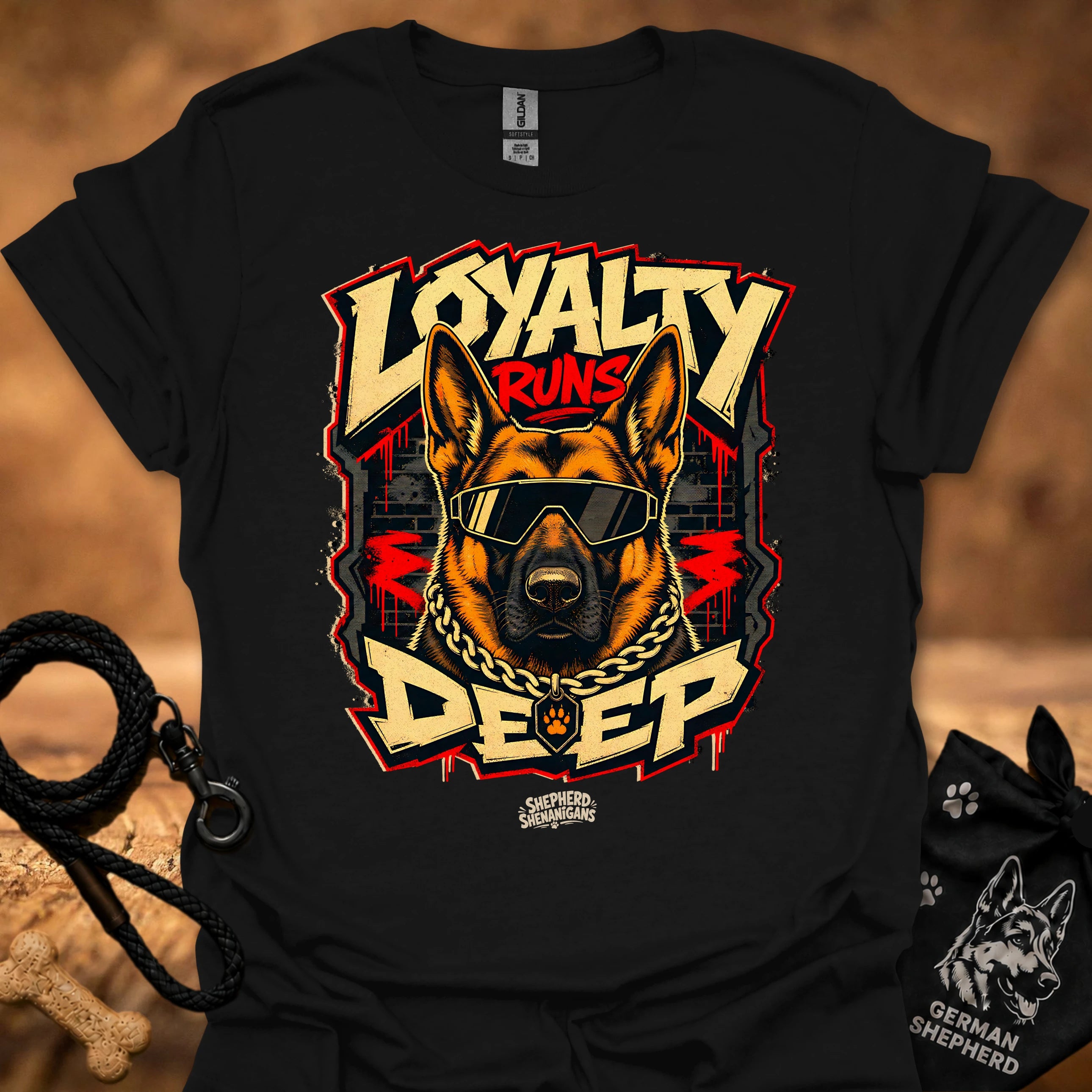 Black t-shirt with centered German shepherd graphic wearing goggles and gold chain detail