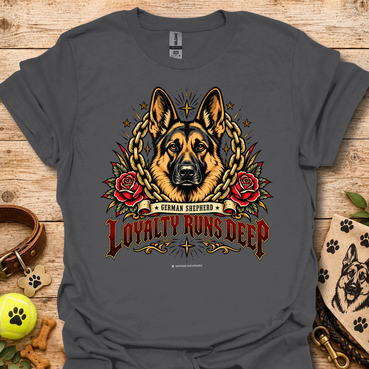 Charcoal crewneck t-shirt with German shepherd, roses and chain graphic, Loyalty Runs Deep