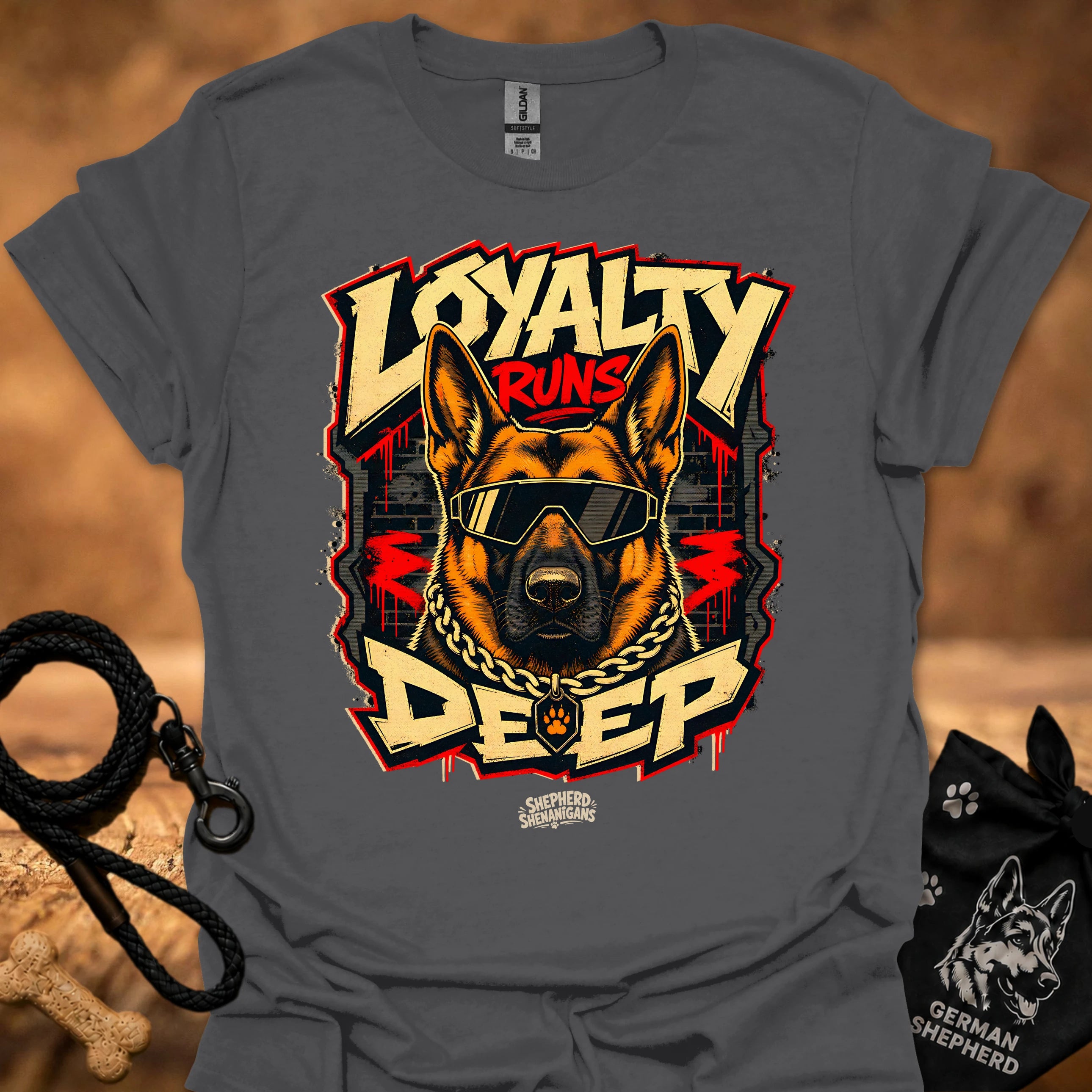 Charcoal t-shirt with large graphic of a German shepherd wearing goggles and chain