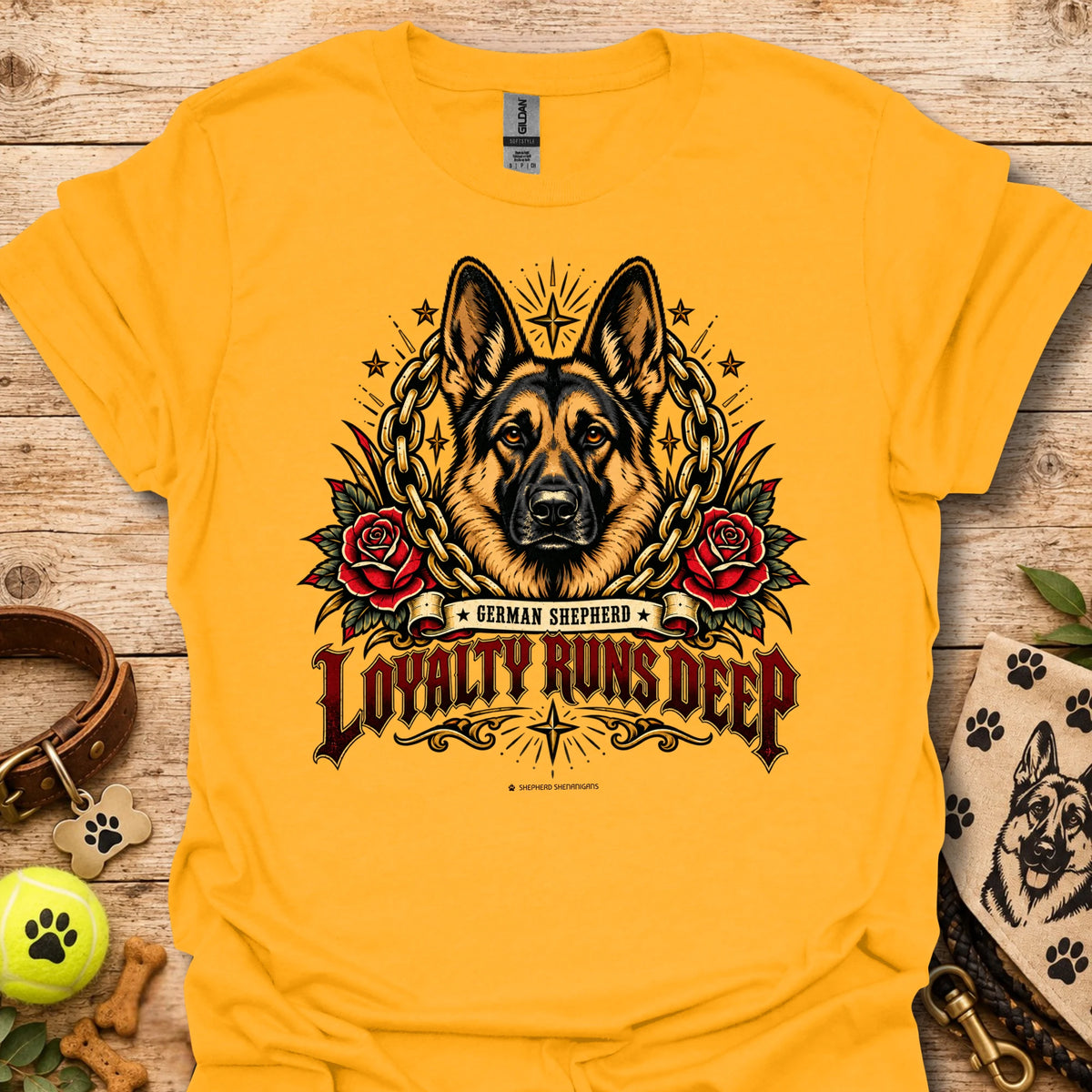 Gold crewneck t-shirt with German shepherd, roses and chain graphic, Loyalty Runs Deep