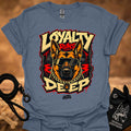 Light blue t-shirt with centered German shepherd wearing goggles and gold chain graphic