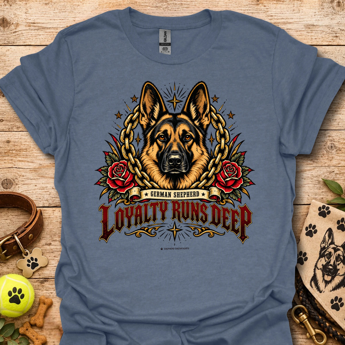 Heather indigo crewneck t-shirt with German shepherd, roses and chain graphic, Loyalty Runs Deep