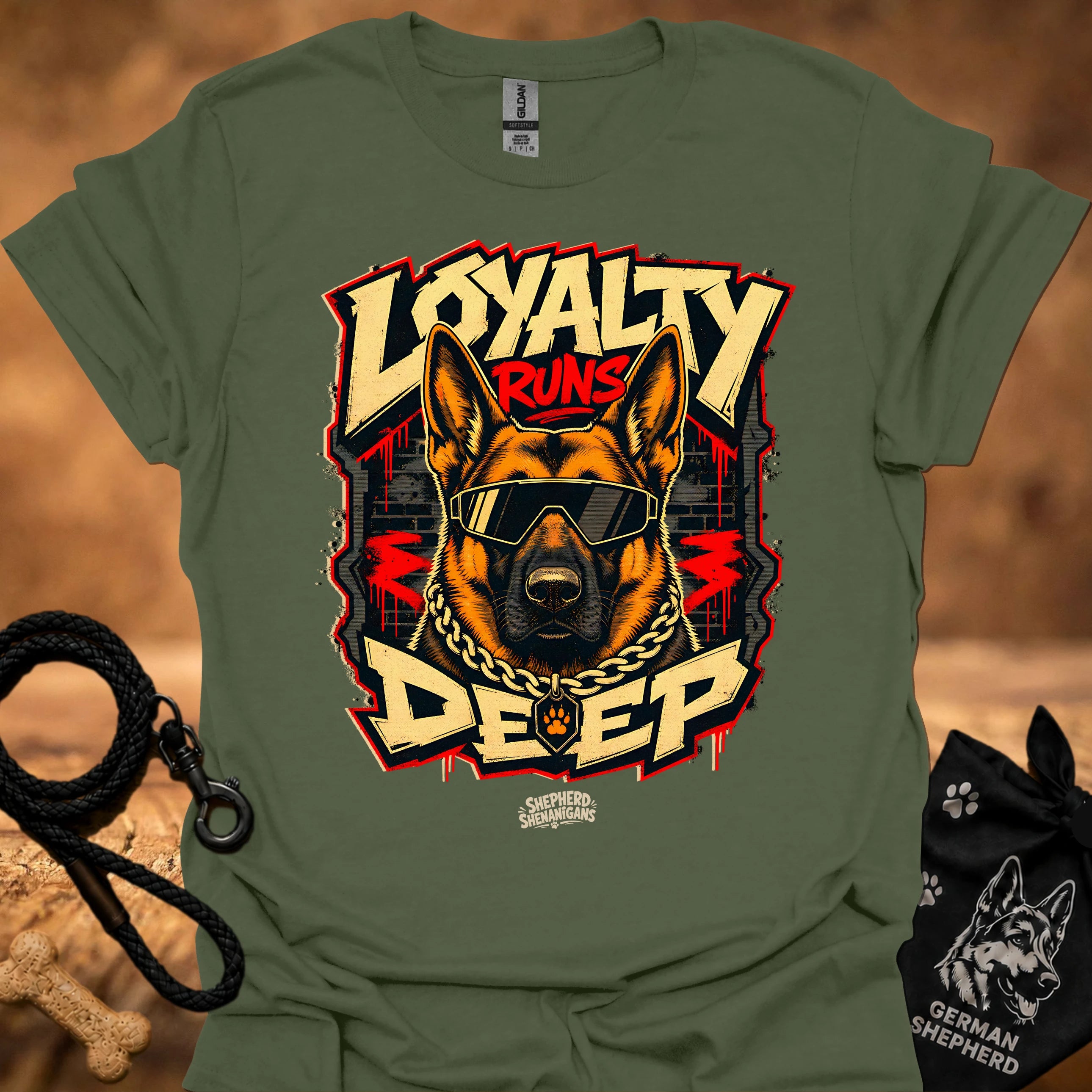 Military green t-shirt with large German shepherd graphic wearing goggles and gold chain