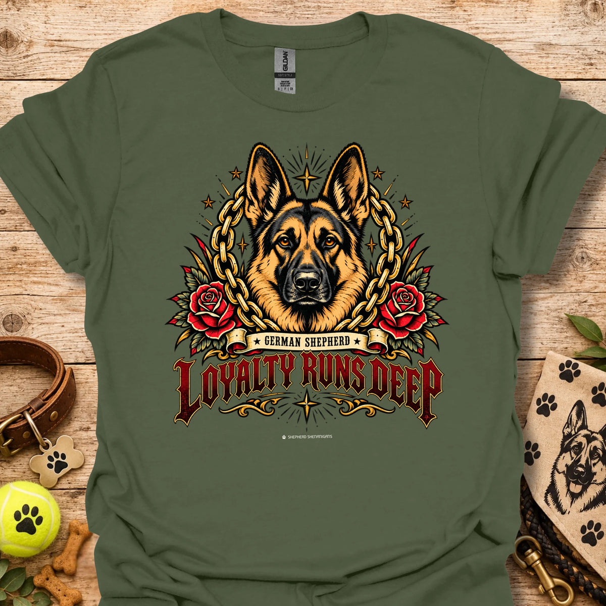 Military green crewneck t-shirt with German shepherd, roses and chain graphic, Loyalty Runs Deep