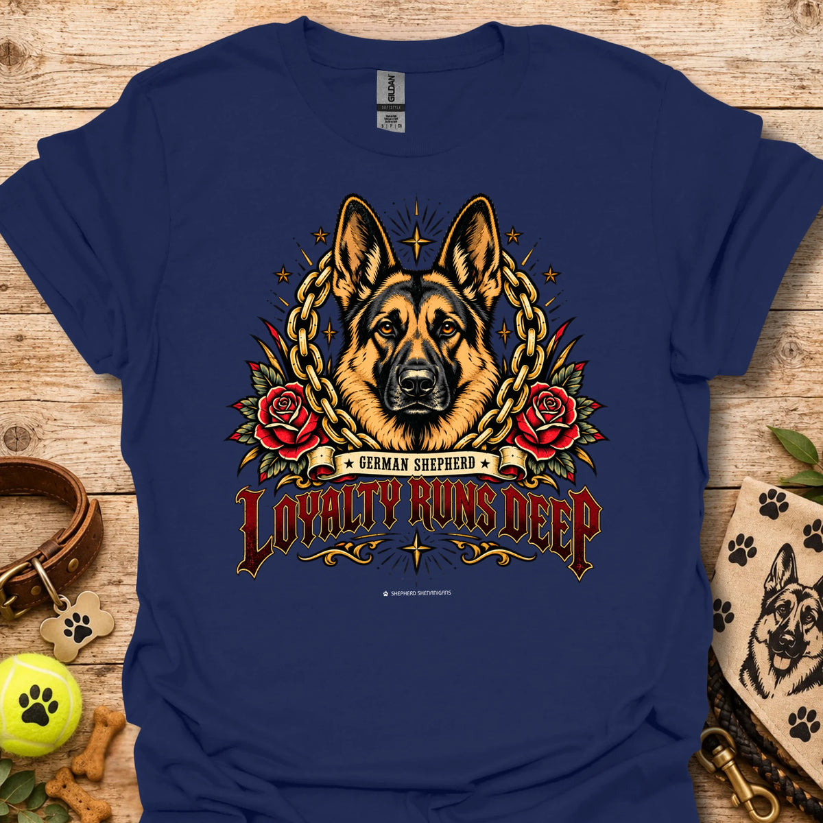 Navy crewneck t-shirt with German shepherd, roses and chain graphic, Loyalty Runs Deep