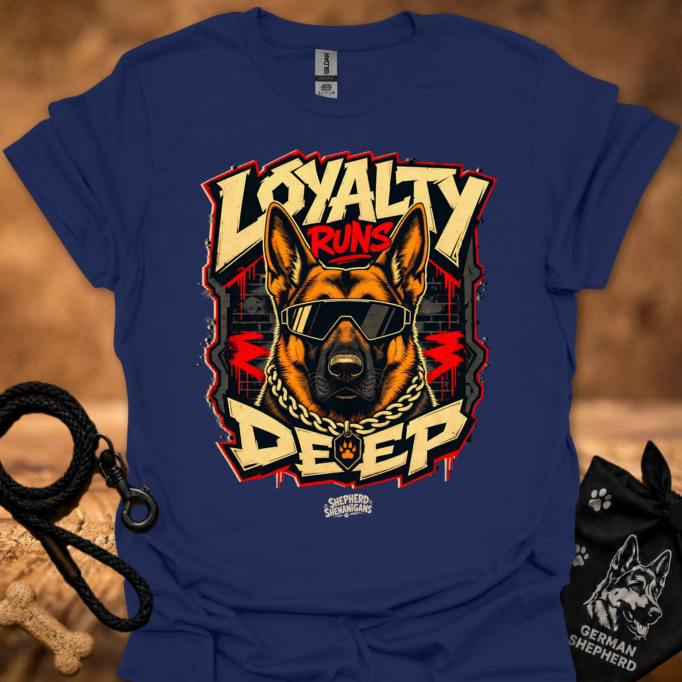Navy t-shirt with bold loyalty-themed German shepherd graphic wearing goggles and chain