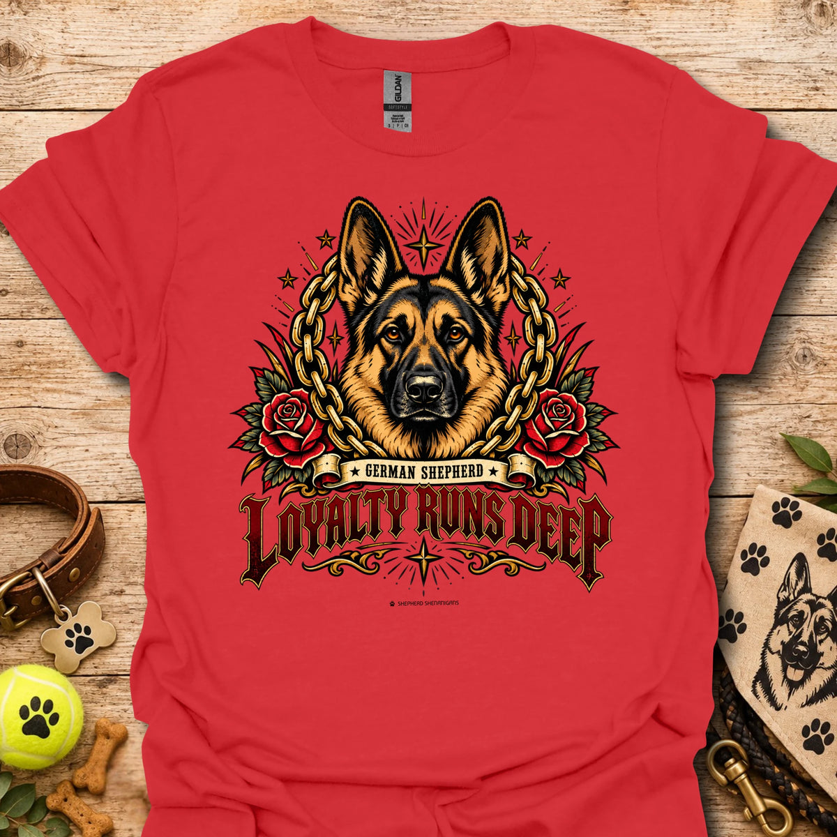 Red crewneck t-shirt with German shepherd, roses and chain graphic, Loyalty Runs Deep