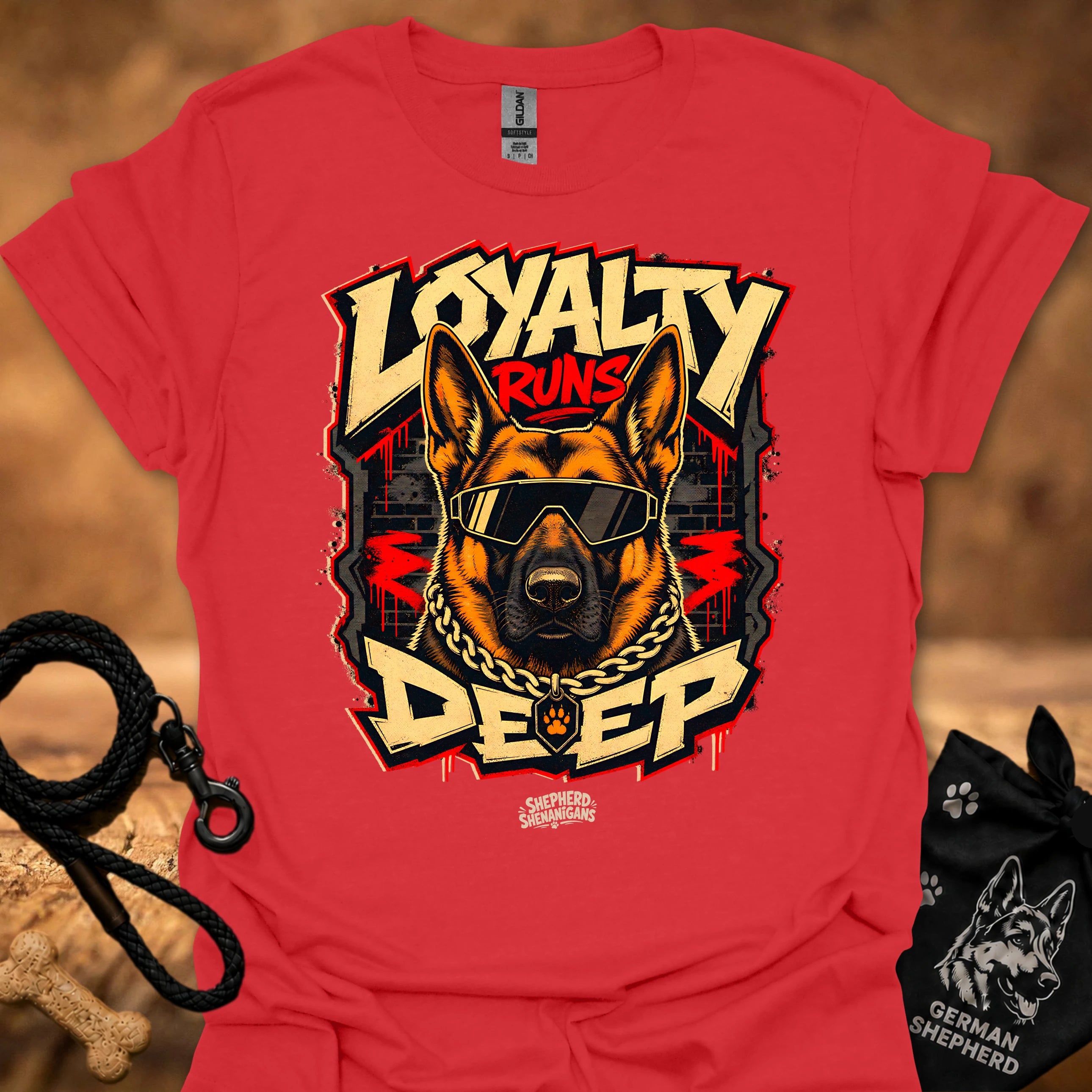 Red t-shirt with large German shepherd graphic wearing goggles and a gold chain