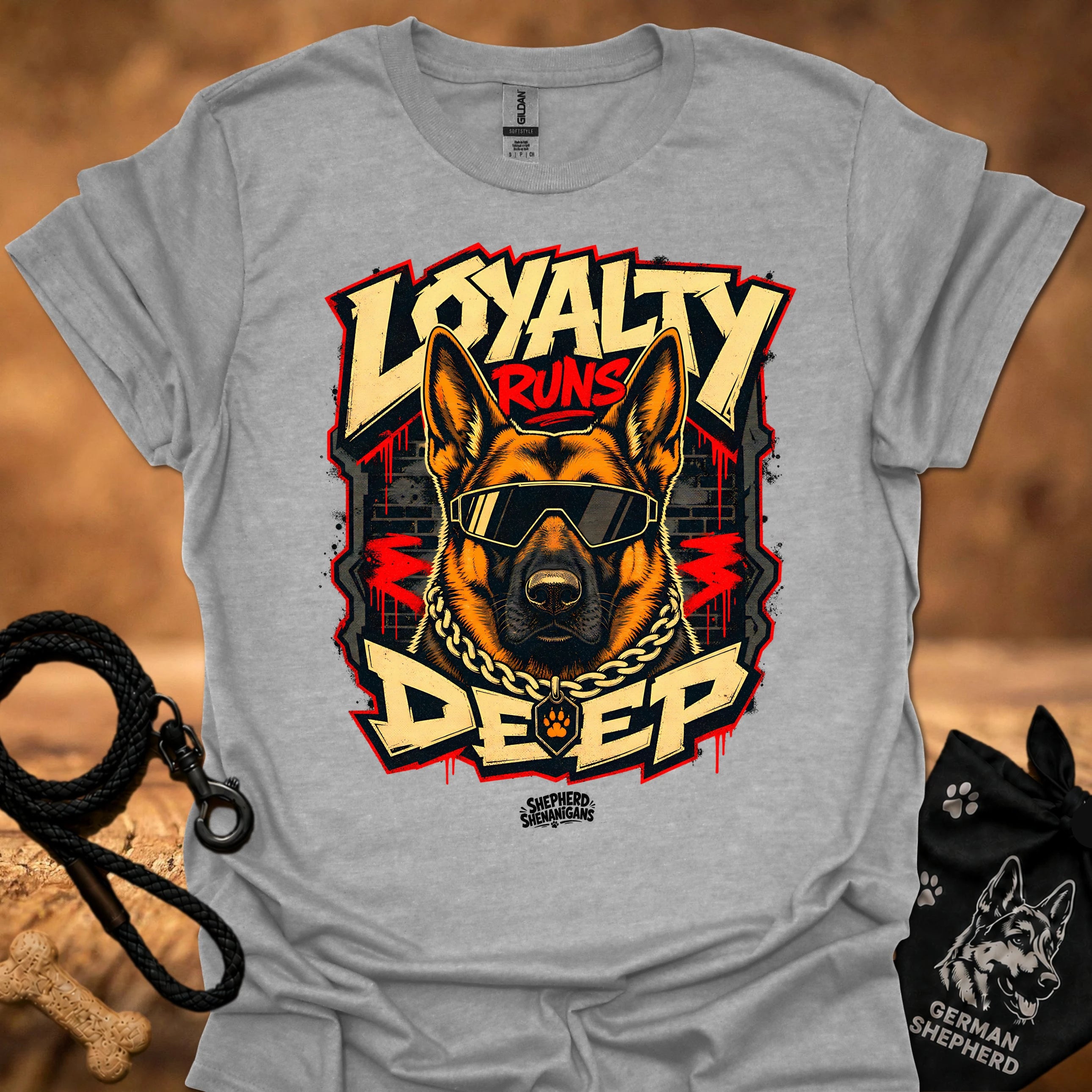 Sport grey t-shirt with large German shepherd wearing goggles, chain necklace, and text