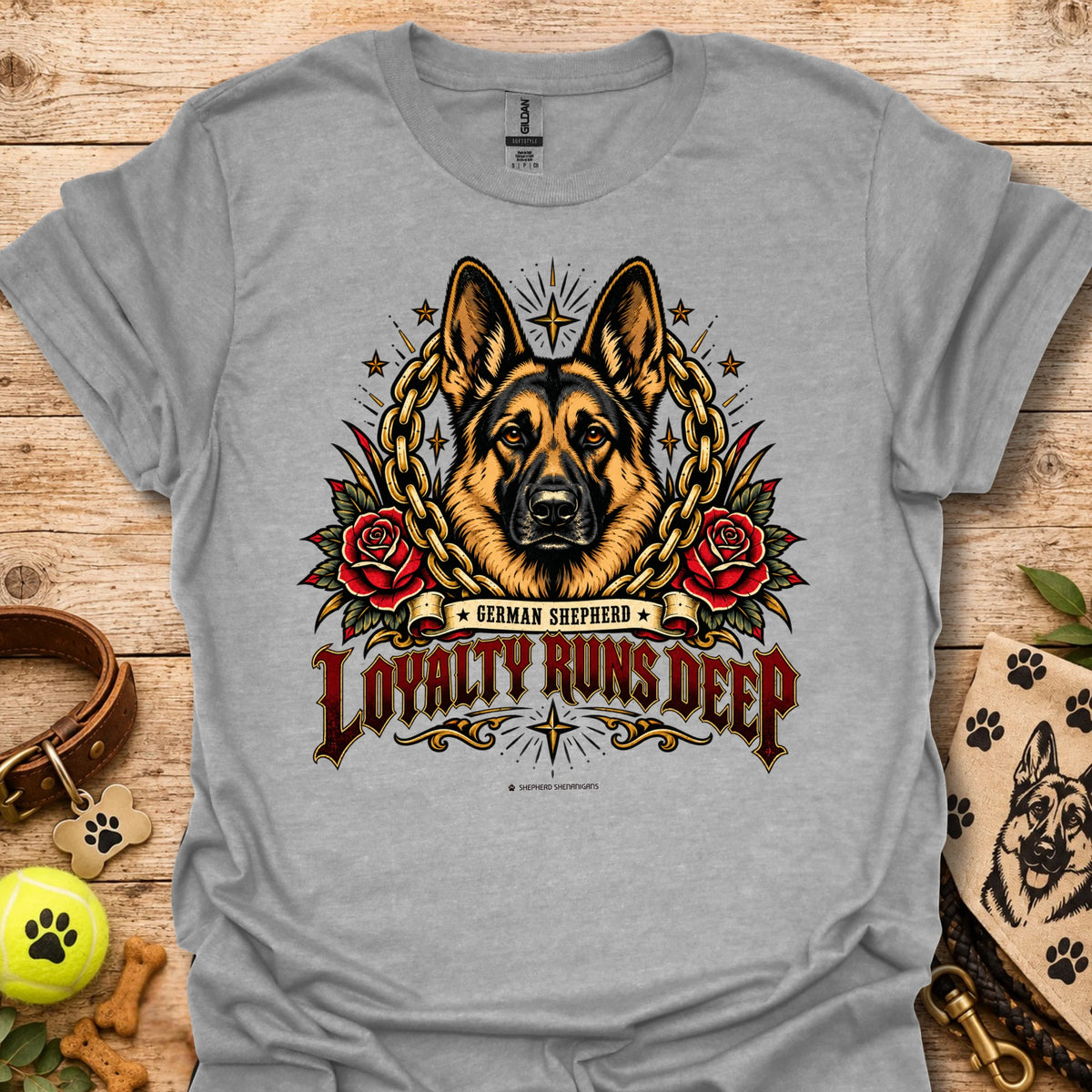 Sport grey crewneck t-shirt with German shepherd, roses and chain graphic, Loyalty Runs Deep