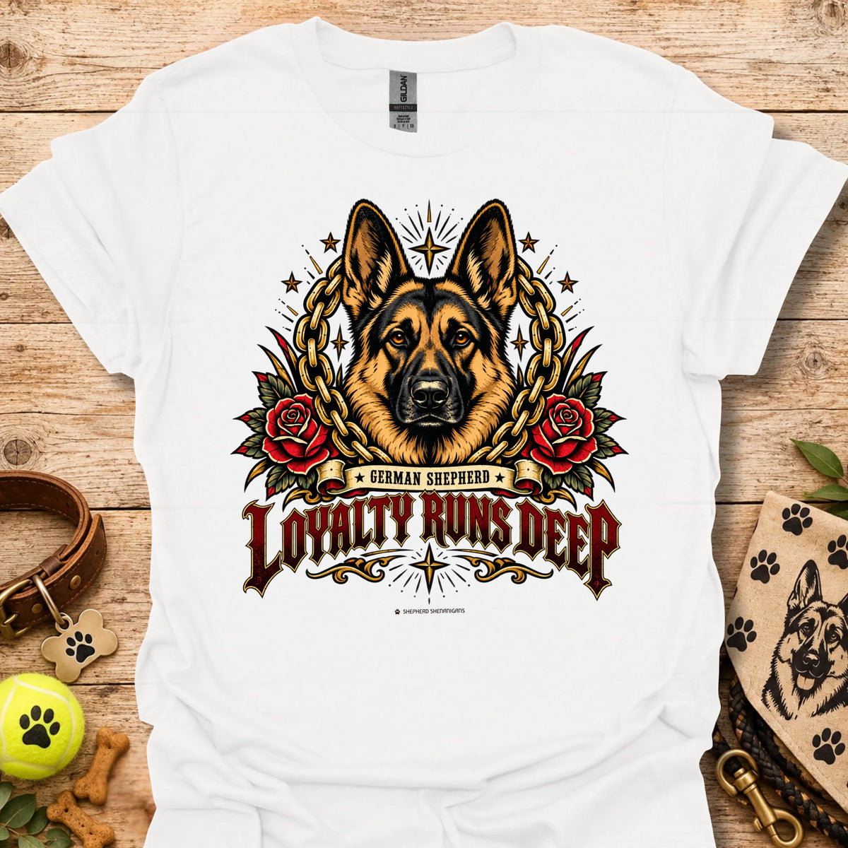 White crewneck t-shirt with German shepherd, roses and chain graphic, Loyalty Runs Deep