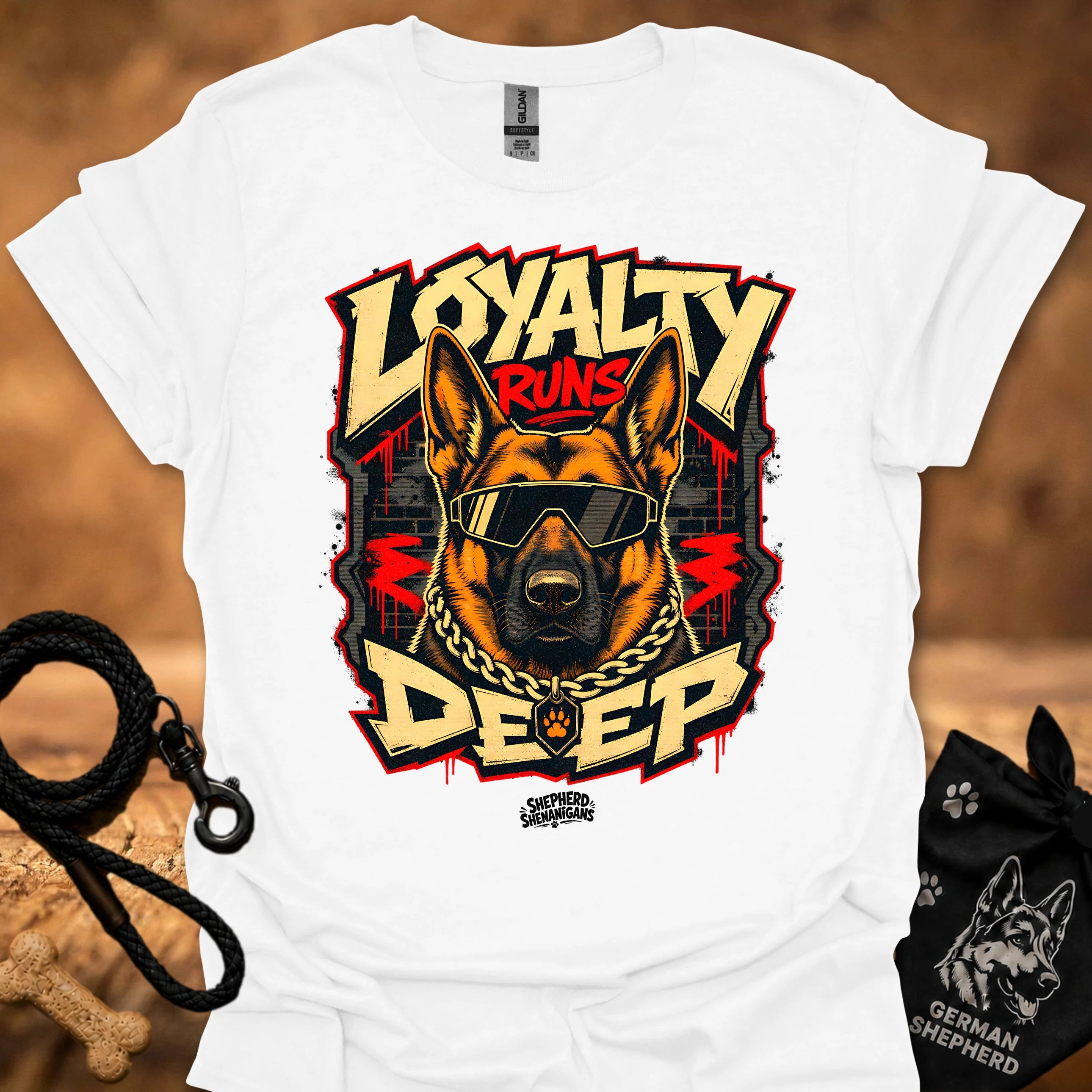 White t-shirt with centered German shepherd graphic wearing goggles and a gold chain