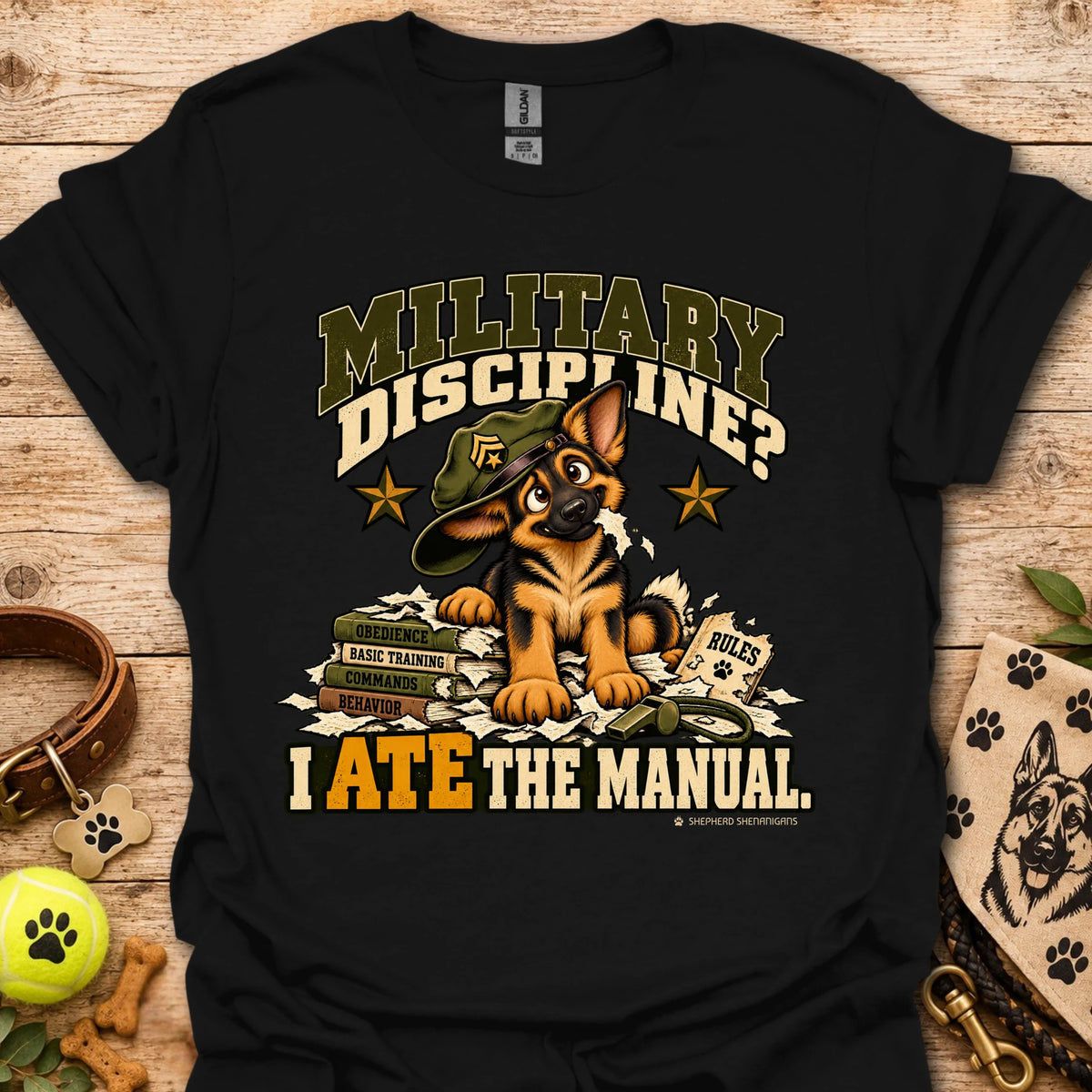 Black crew-neck T-shirt with military dog graphic and “I Ate the Manual” print