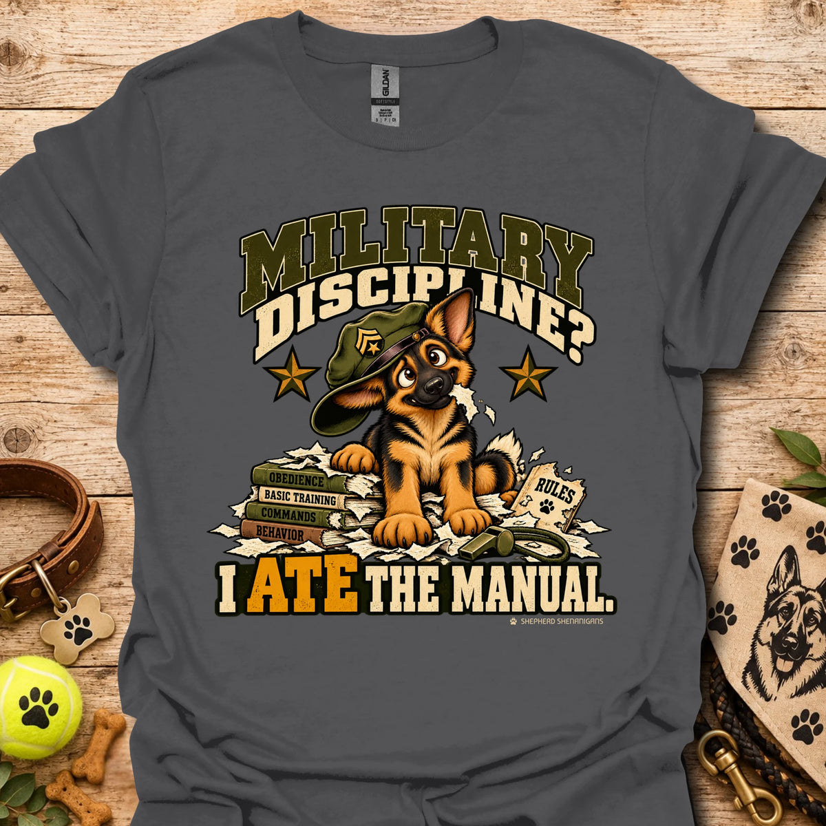 Charcoal crew-neck T-shirt with military dog graphic and “I Ate the Manual” print