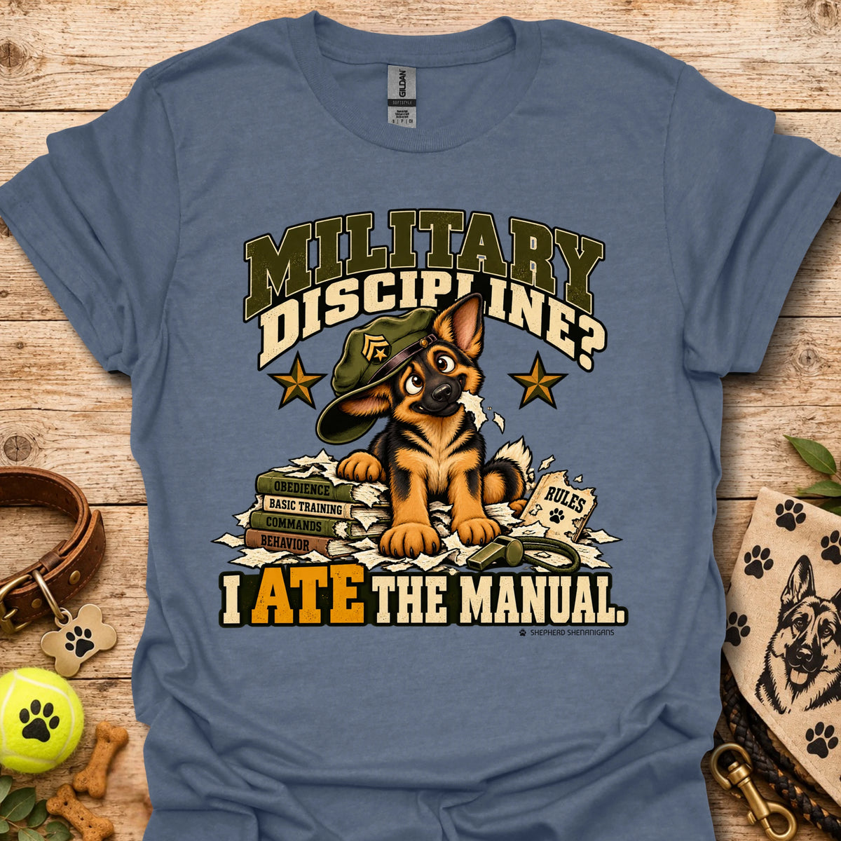 Heather indigo crew-neck T-shirt with military dog graphic and “I Ate the Manual” print