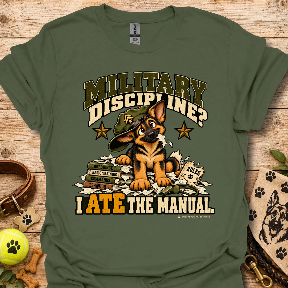 Military green crew-neck T-shirt with military dog graphic and “I Ate the Manual” print