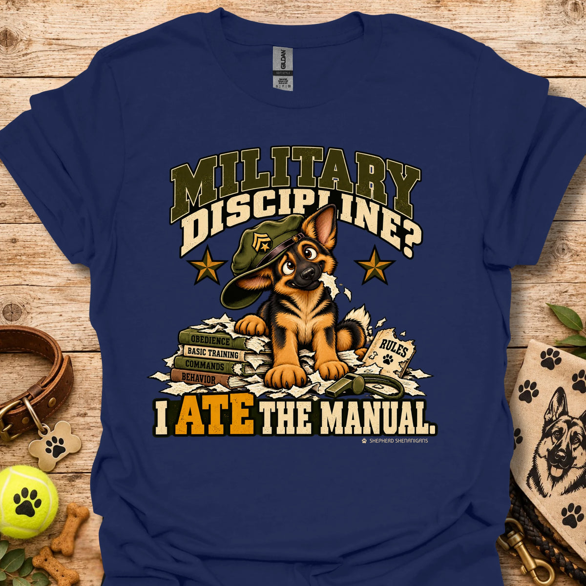 Navy crew-neck T-shirt with military dog graphic and “I Ate the Manual” print