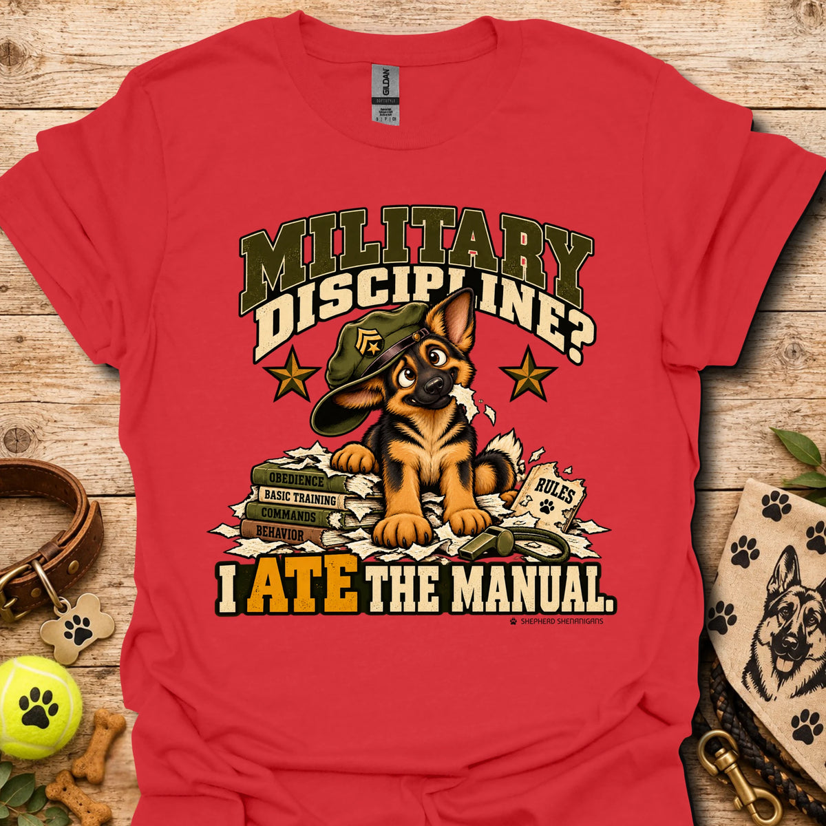 Red crew-neck T-shirt with military dog graphic and “I Ate the Manual” print