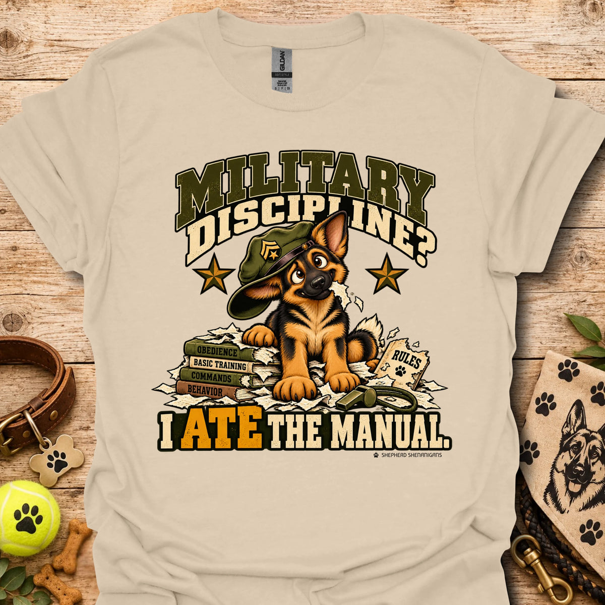 Sand crew-neck T-shirt with military dog graphic and “I Ate the Manual” print