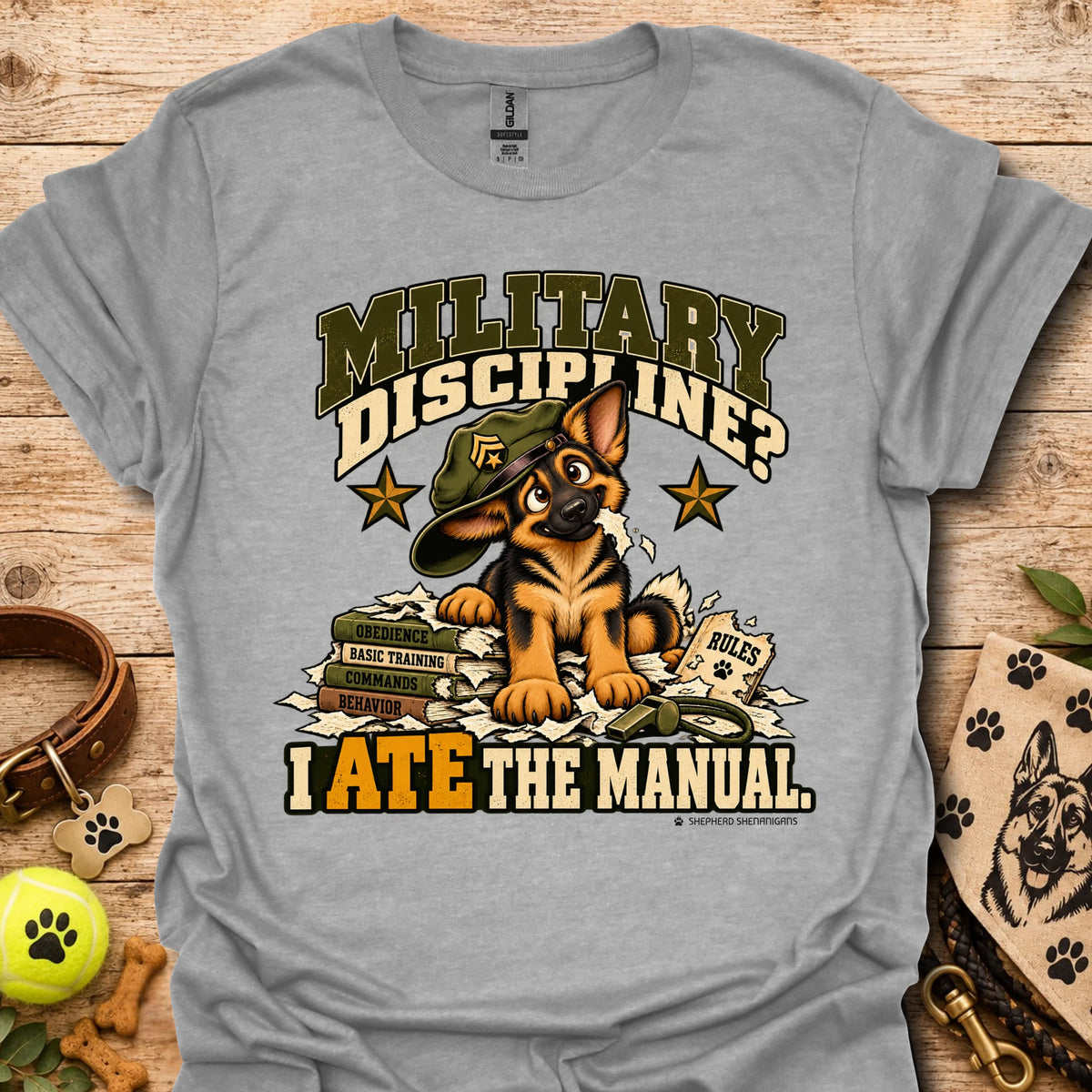 Sport grey crew-neck T-shirt with military dog graphic and “I Ate the Manual” print