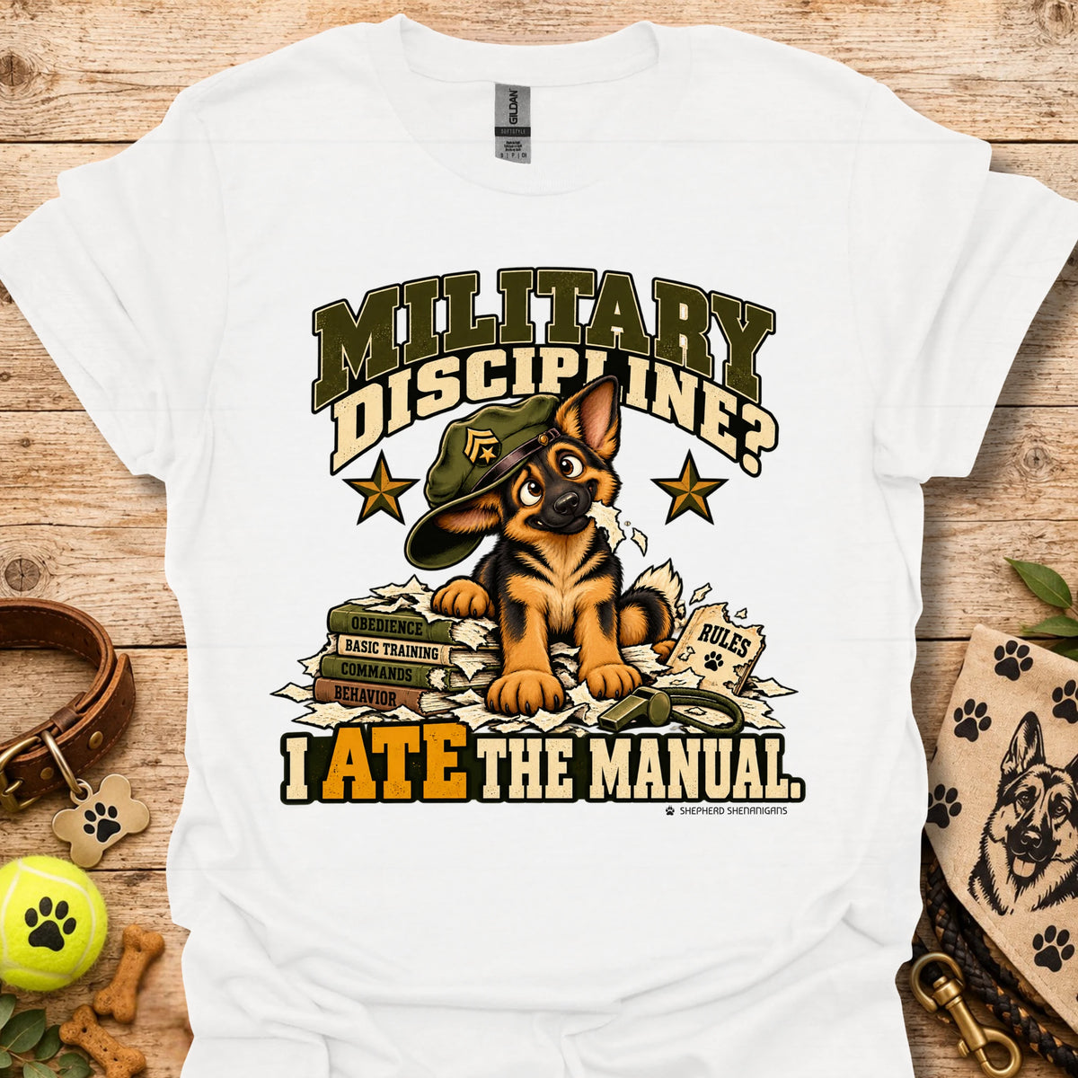 White crew-neck T-shirt with military dog graphic and “I Ate the Manual” print