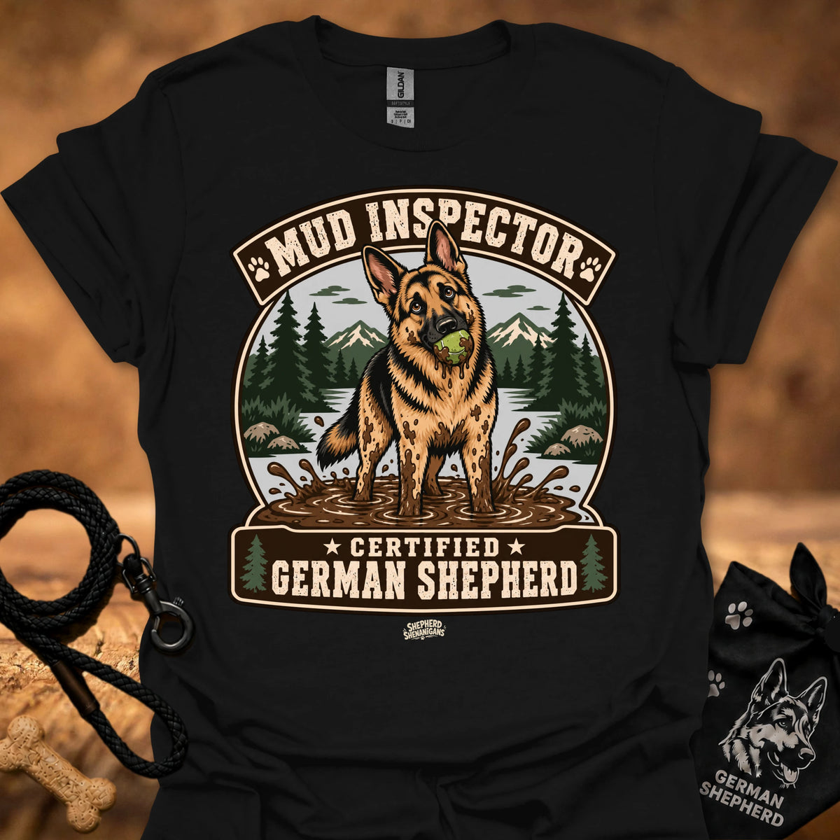Black T-shirt with chest graphic of German shepherd and Mud Inspector badge