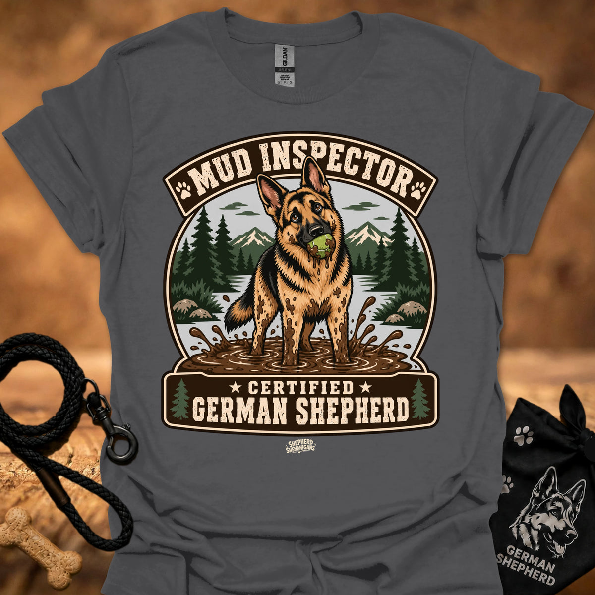 Gray T-shirt with chest graphic of German shepherd and Mud Inspector badge