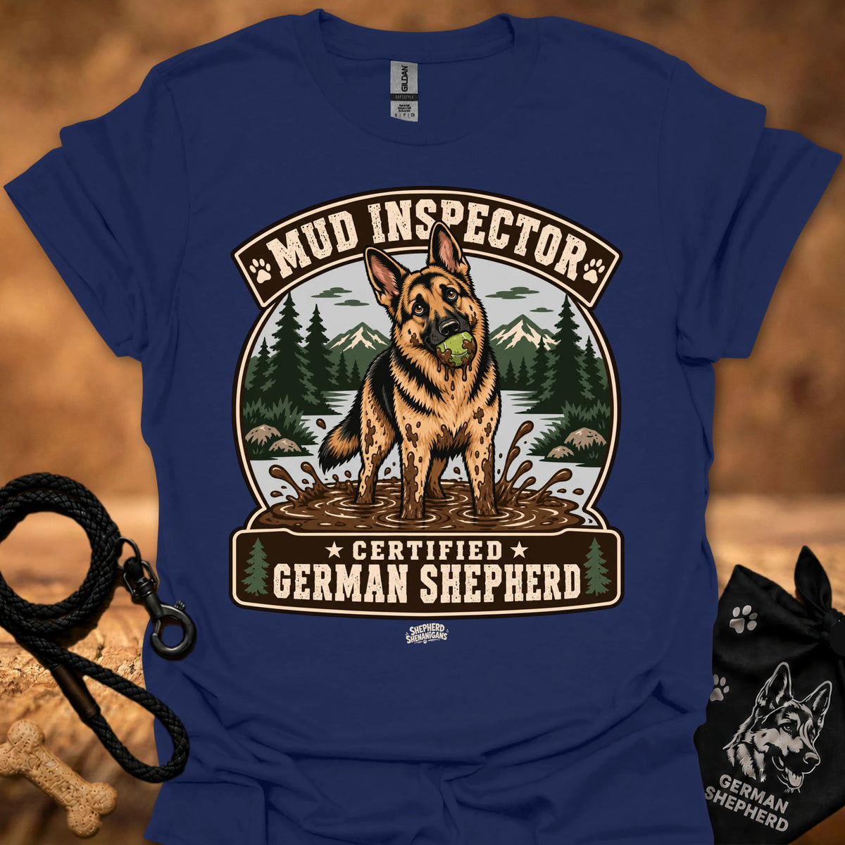 Royal blue T-shirt with chest graphic of German shepherd and Mud Inspector badge