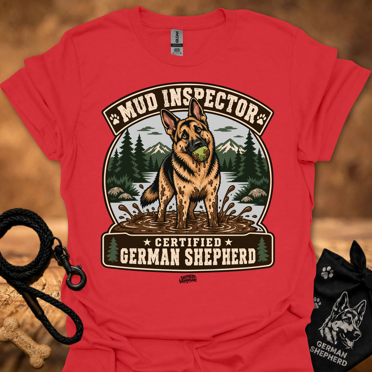 Red T-shirt with chest graphic of German shepherd and Mud Inspector badge