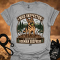 Heather gray T-shirt with chest graphic of German shepherd and Mud Inspector badge