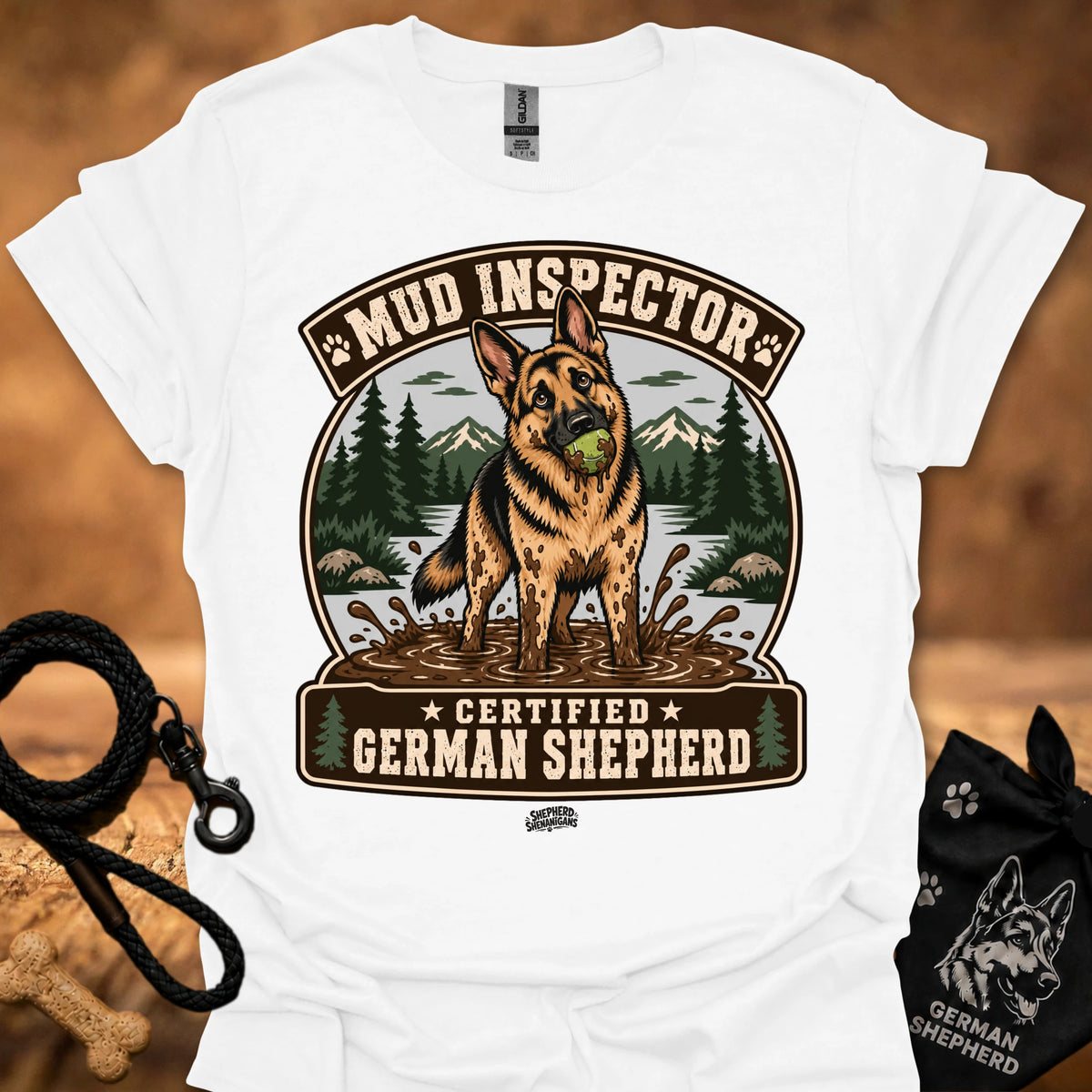 White T-shirt with chest graphic of German shepherd and Mud Inspector badge