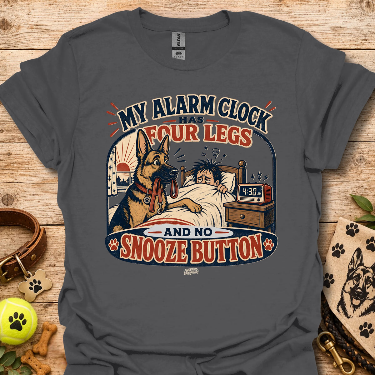 Charcoal T-shirt with dog alarm clock graphic and 'Snooze Button' front print