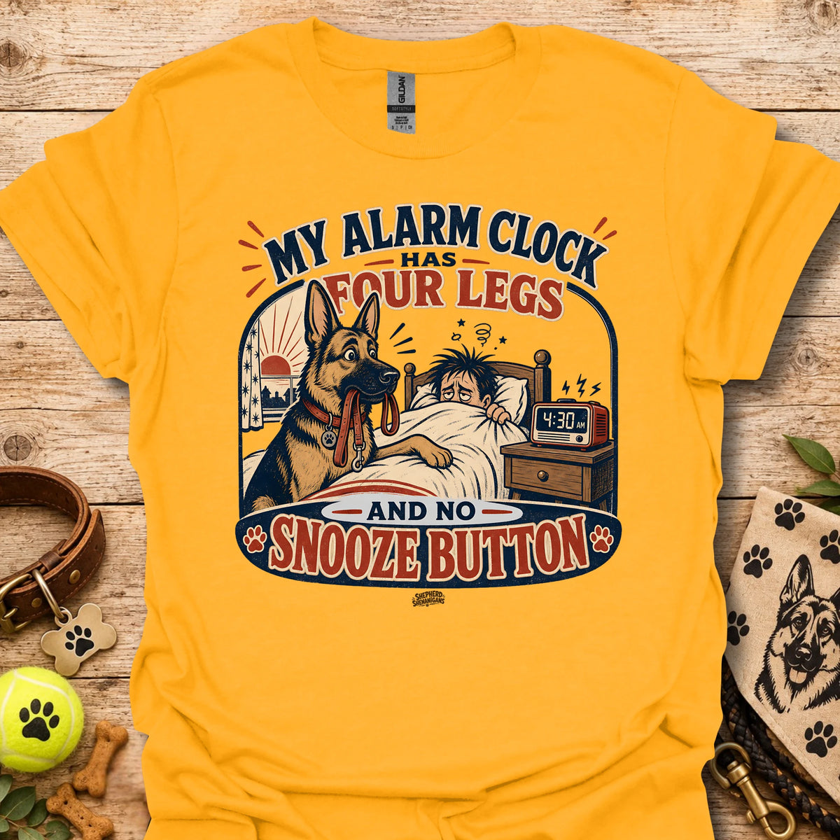 Gold T-shirt with dog alarm clock graphic and 'Snooze Button' front print