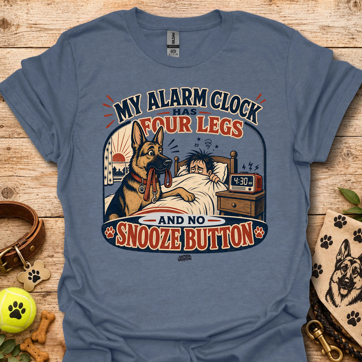 Blue T-shirt with dog alarm clock graphic and 'Snooze Button' front print