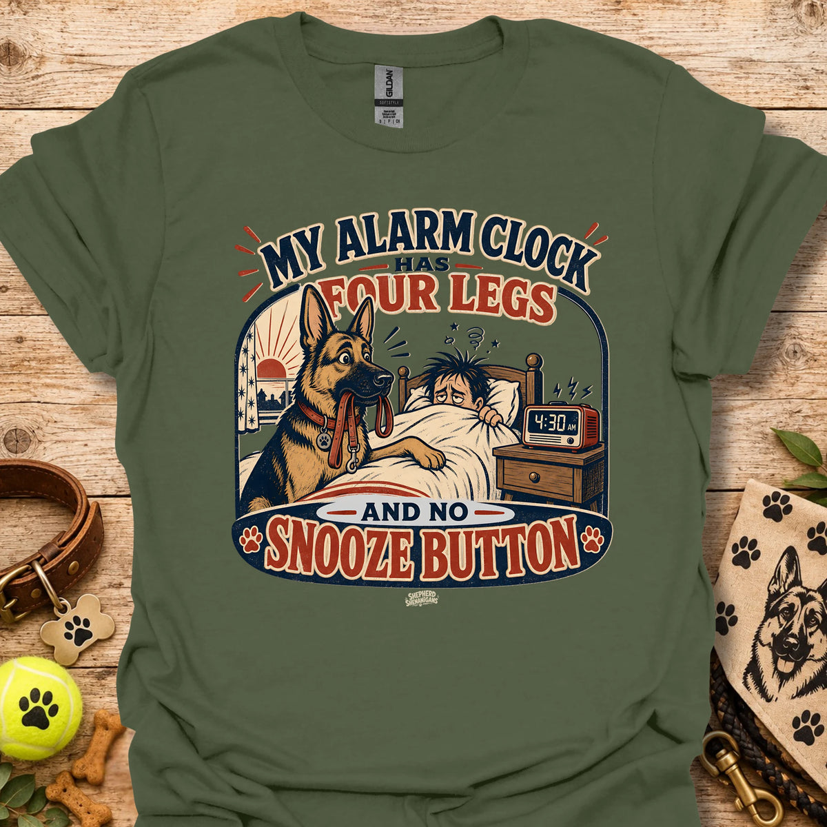 Military green T-shirt with dog alarm clock graphic and 'Snooze Button' front print