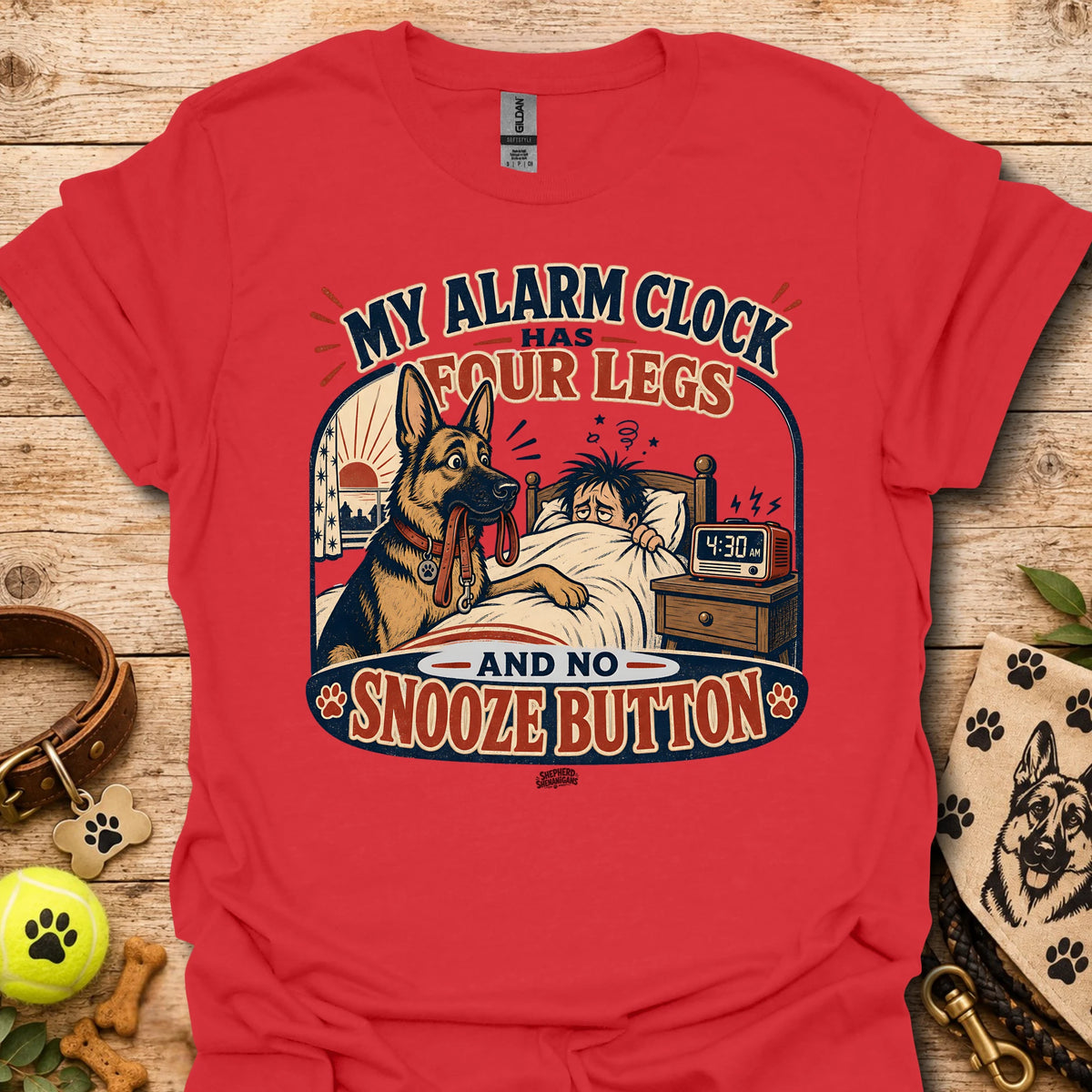 Red T-shirt with dog alarm clock graphic and 'Snooze Button' front print
