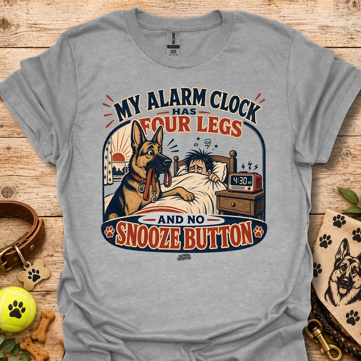 Heather gray T-shirt with dog alarm clock graphic and 'Snooze Button' front print