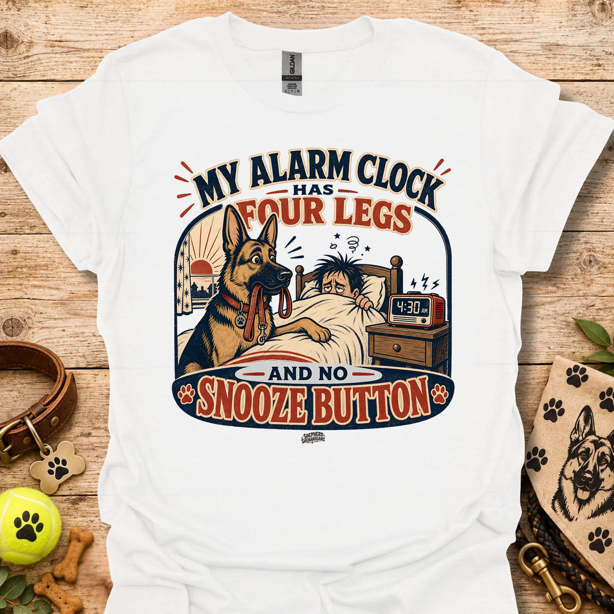 White T-shirt with dog alarm clock graphic and 'Snooze Button' front print
