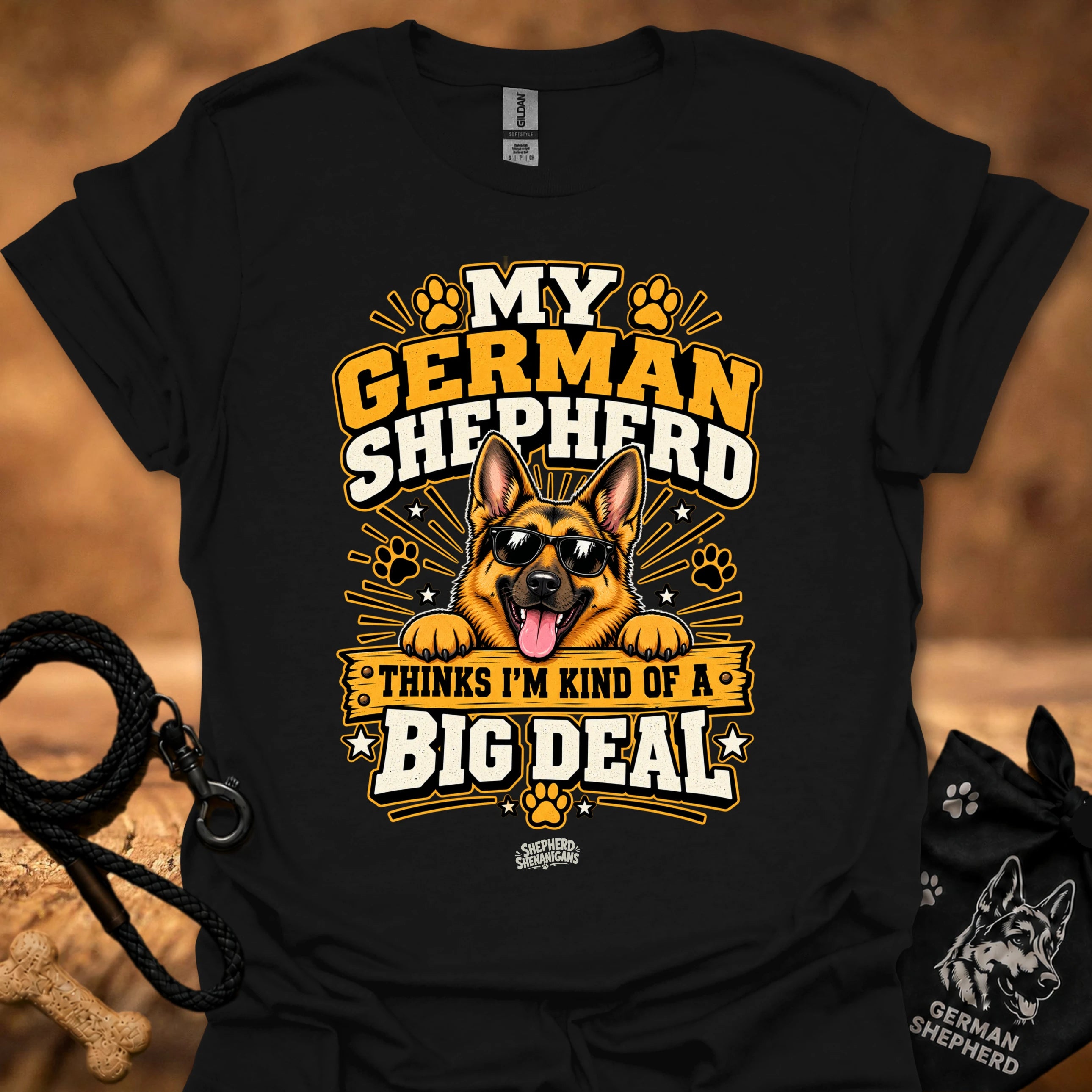 Black T-shirt with German shepherd Big Deal graphic