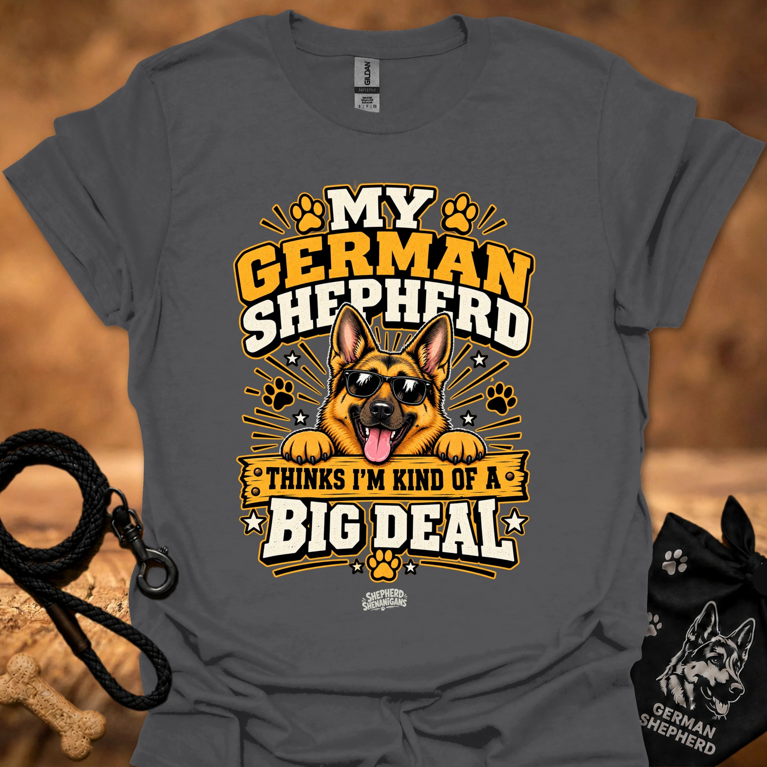 Charcoal T-shirt with German shepherd Big Deal graphic