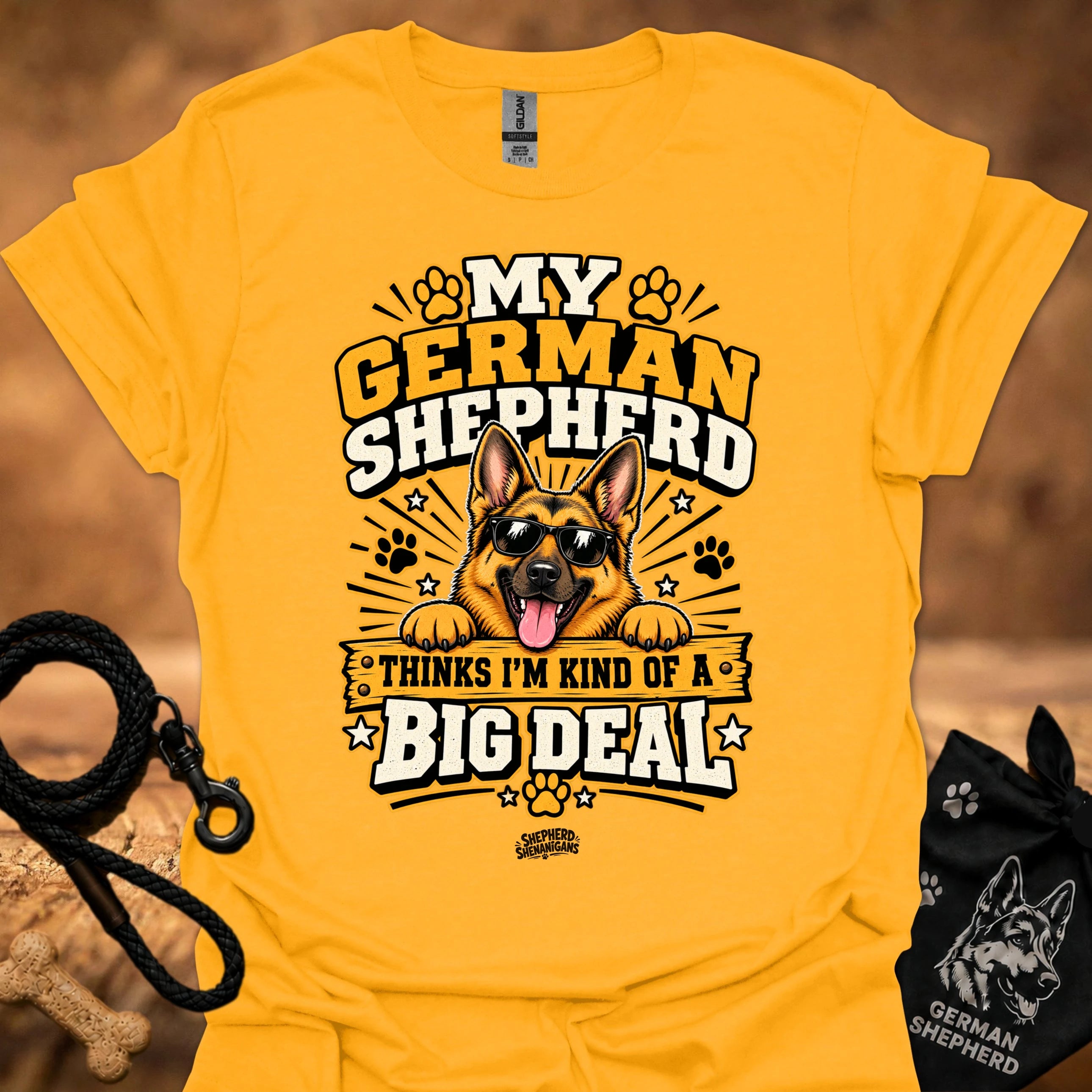 Gold T-shirt with German shepherd Big Deal graphic