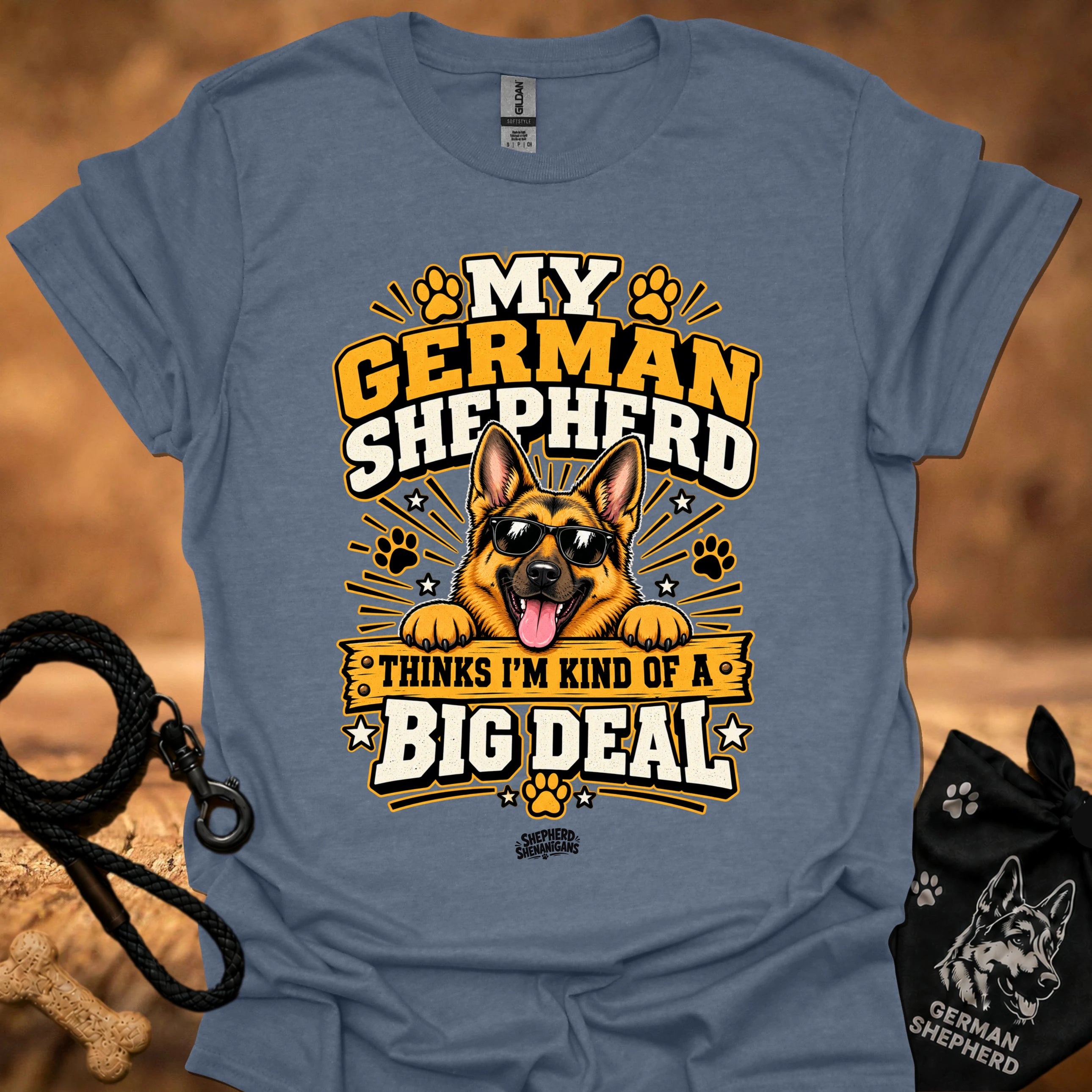 Heather indigo T-shirt with German shepherd Big Deal graphic