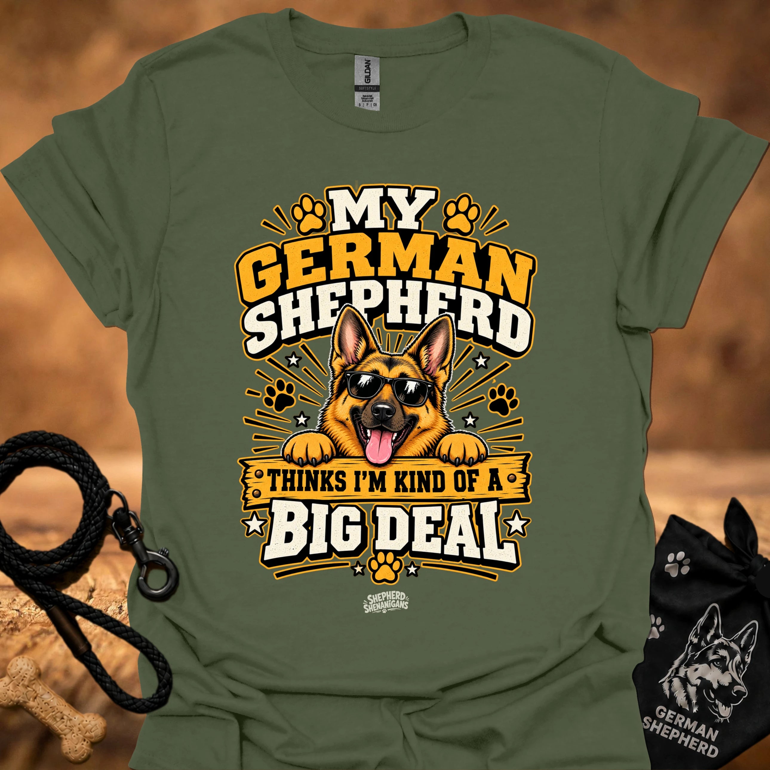 Military green T-shirt with German shepherd Big Deal graphic