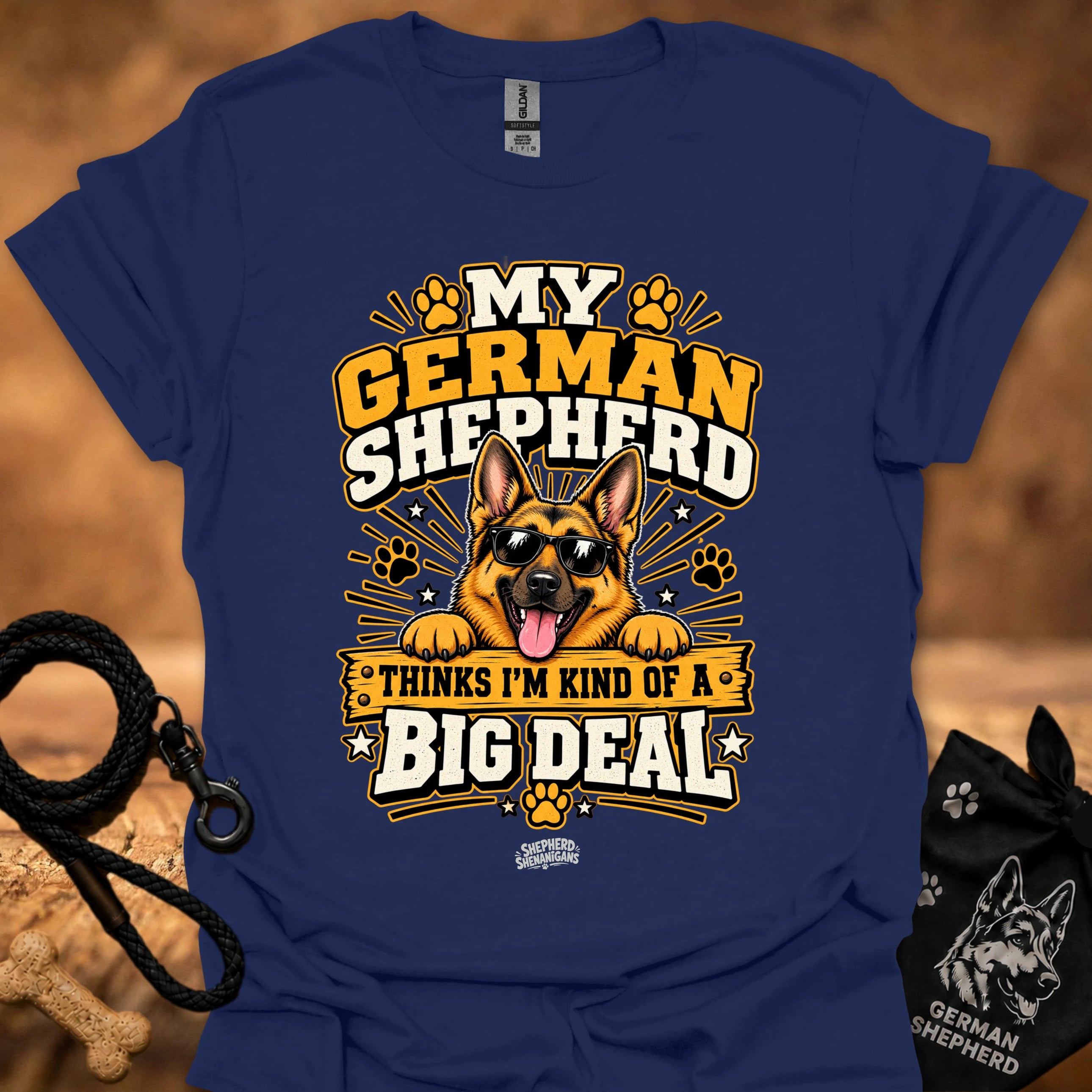 Navy T-shirt with German shepherd Big Deal graphic