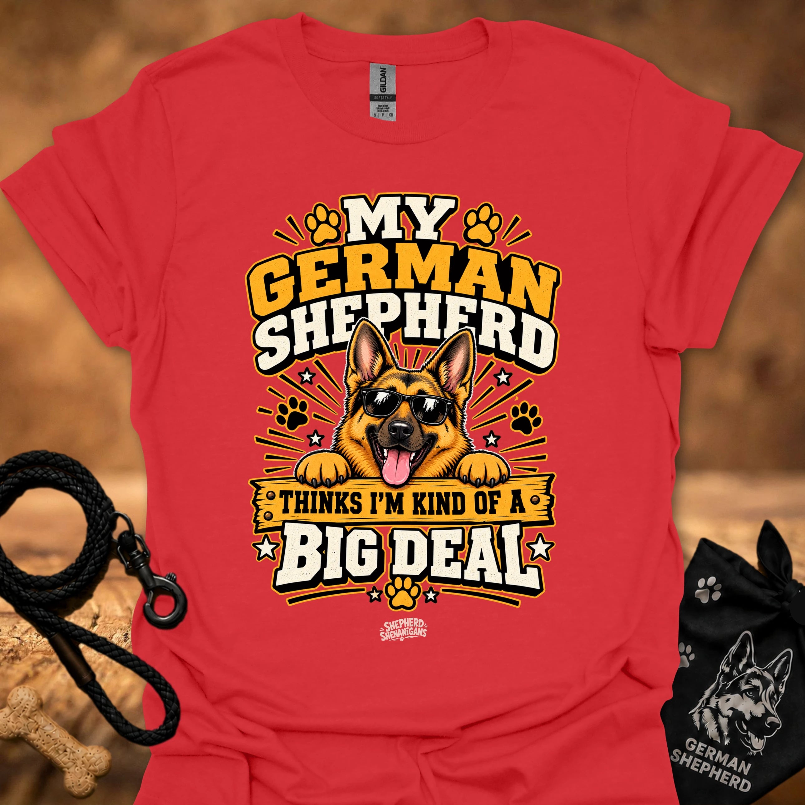 Red T-shirt with German shepherd Big Deal graphic