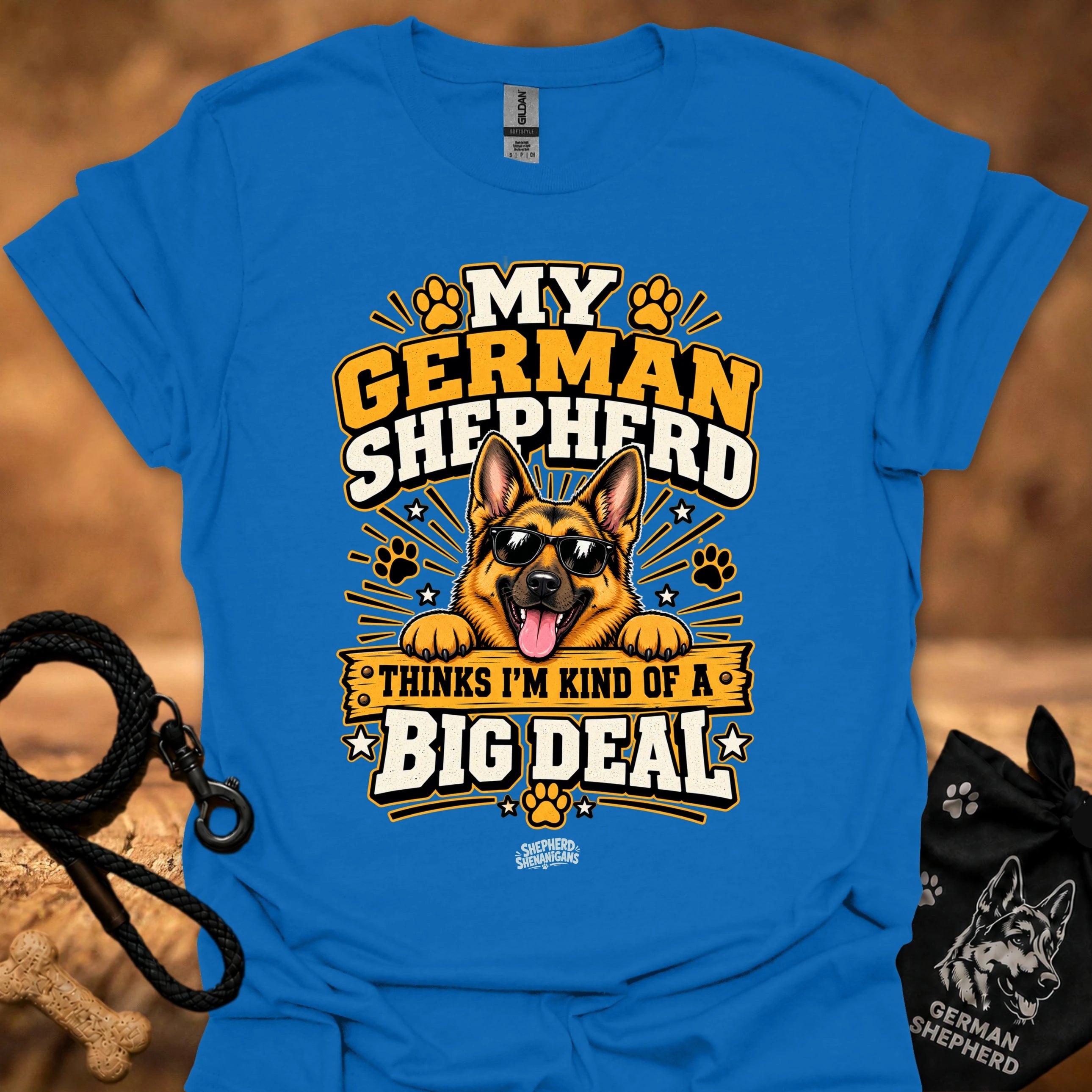 Royal blue T-shirt with German shepherd Big Deal graphic