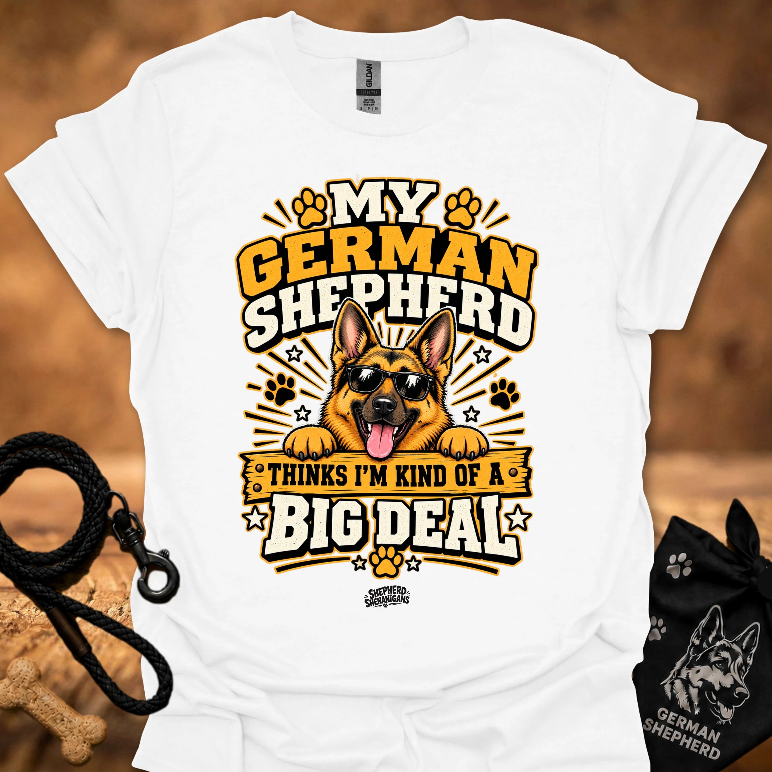 White T-shirt with German shepherd Big Deal graphic